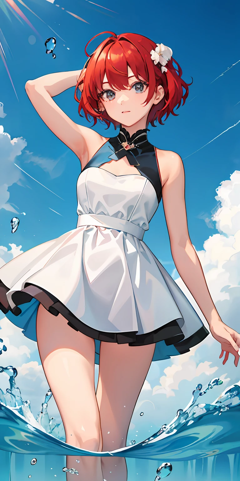 (​masterpiece)、(top-quality)、(ultra-detailliert)、(dishevled hair)、（short-cut）（Red hair）(illustratio)、(1girl in)、(Fashionable clothes)、（swim wears）、（Body）、is standing、Fashion Model、Tilting head.、(interview)、(Brief background)、beautiful and delicate eyes、Delicate beautiful face、floating、(High color saturation)、(colorful water splash)、colorful bubble、(shine)、Focus on Face、Hands fold behind your back、