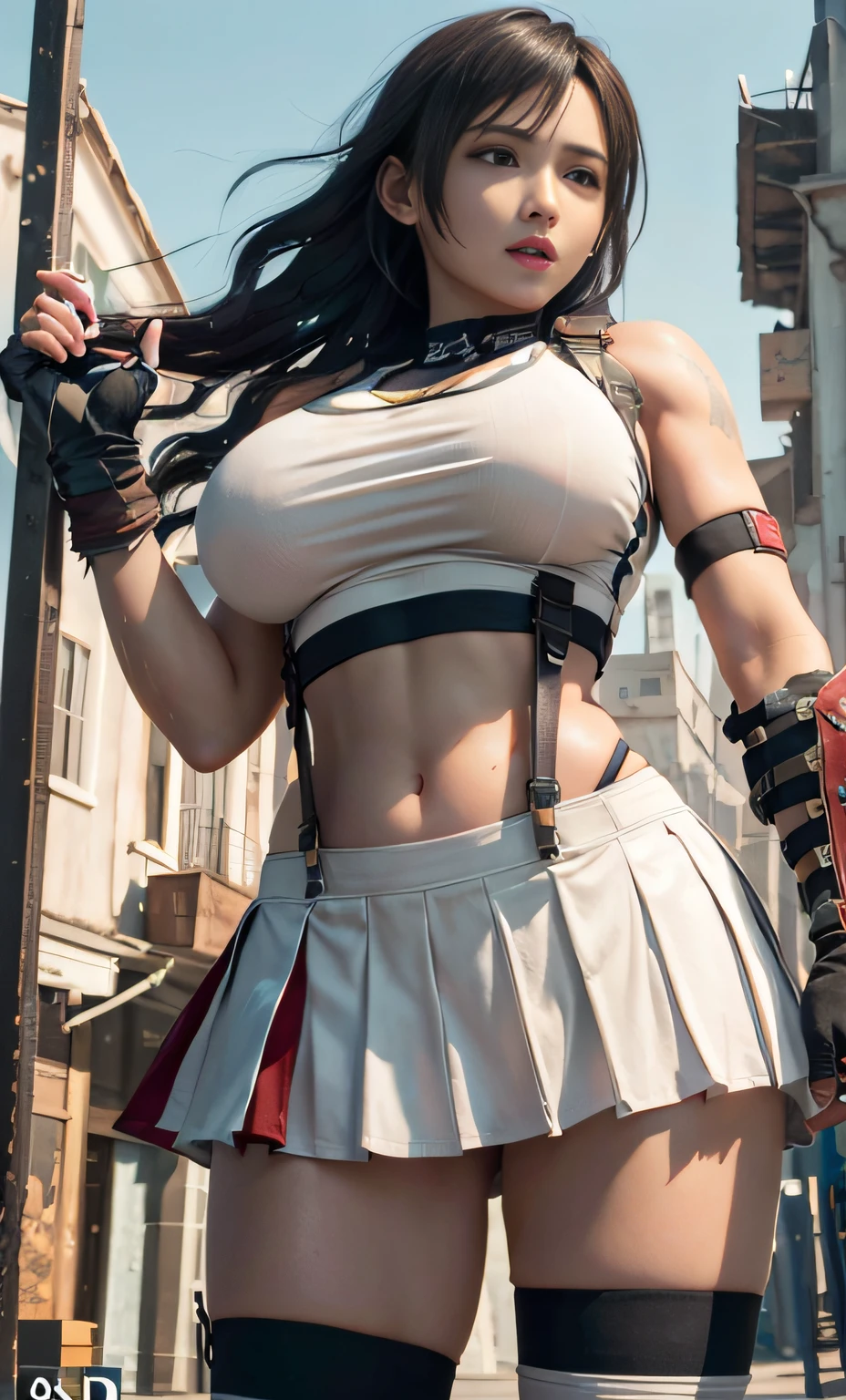 Unreal Engine 5 Realistic Render, (masterpiece, best quality), intricate details, ((Best quality)), ((masterpiece)), ((realistic)), (hyperrealism:1.2), (fractal art:1.2),
1girl, tifa lockhart original costume, white crop top, arm guards, fingerless gloves, suspenders, pleated miniskirt, black thighhighs, red boots
extreme detailed eyes, colorful, highest detailed,
vibrant colors, high contrast,
(8K UHD:1.2), (photorealistic:1.2), beautiful face, top body is hyperrealistic thicc muscle and hyper largest_breasts!! with the type of boobs_melons, lower is huge buttocks, wet shiny body