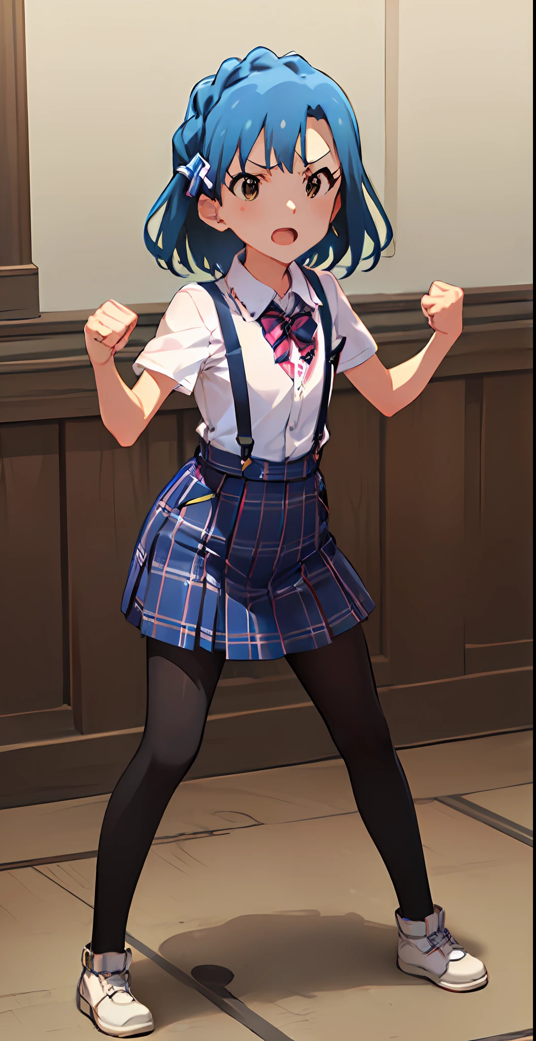 yuriko nanao (million live). Short stature. white t-shirts. suspenders.Skirt.(((masterpiece))).(((best quality))).((Ultra-detailed))).(((illustratio))). (((fighting stance))).(((a room))).(((make a fist))).(((up chest))).Despair face.((short-hair)).((Medium chest)).((Opening Mouth)).
