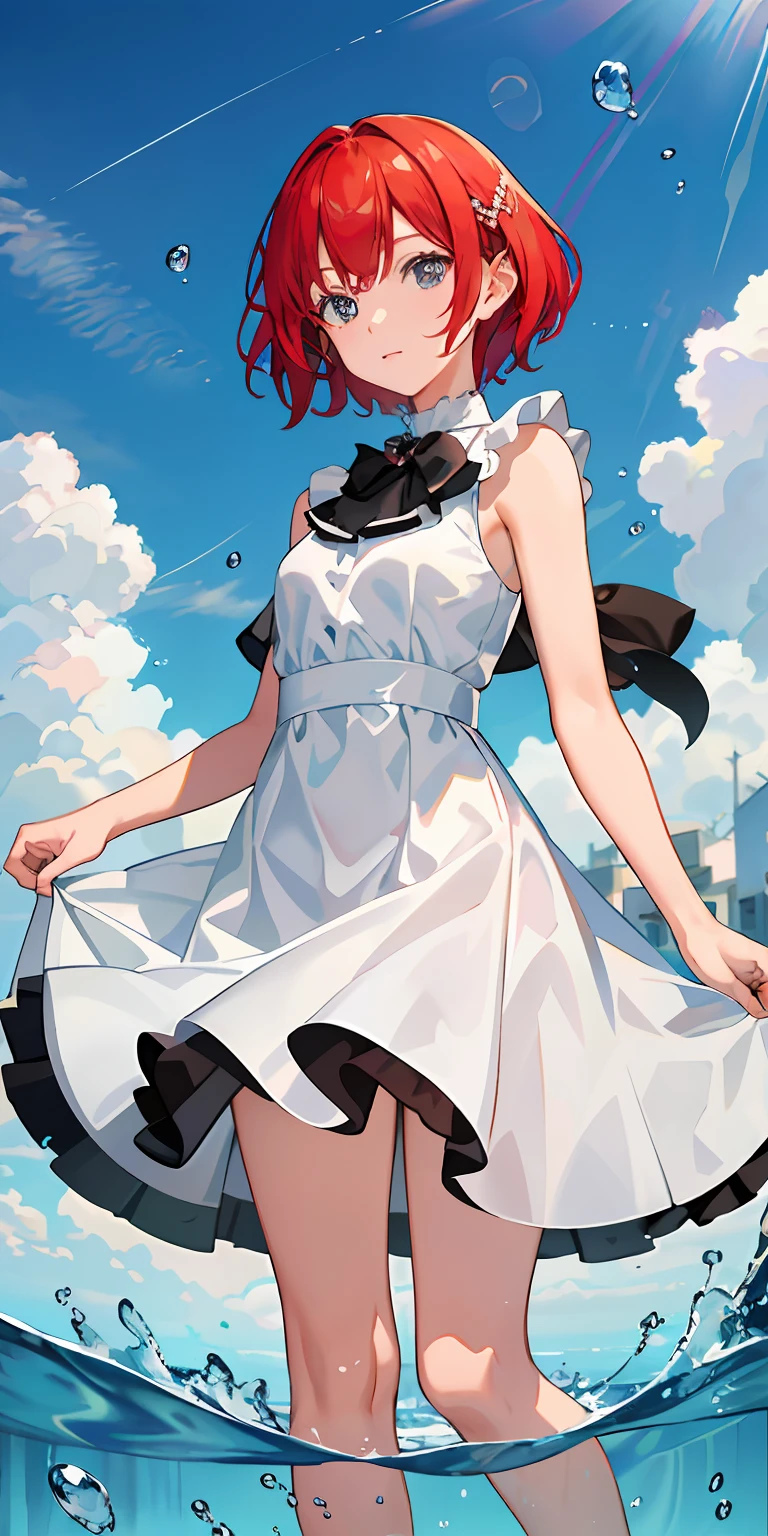 (masterpiece)、(top-quality)、(ultra-detailliert)、(dishevled hair)、(short-cut)(Red hair)(illustratio)、(1girl in)、(Fashionable clothes)、(swim wears)、is standing、Fashion Model、Tilting head.、(interview)、(Brief background)、beautiful and delicate eyes、Delicate beautiful face、floating、(High color saturation)、(colorful water splash)、colorful bubble、(shine)、Focus on Face、Hands behind your back