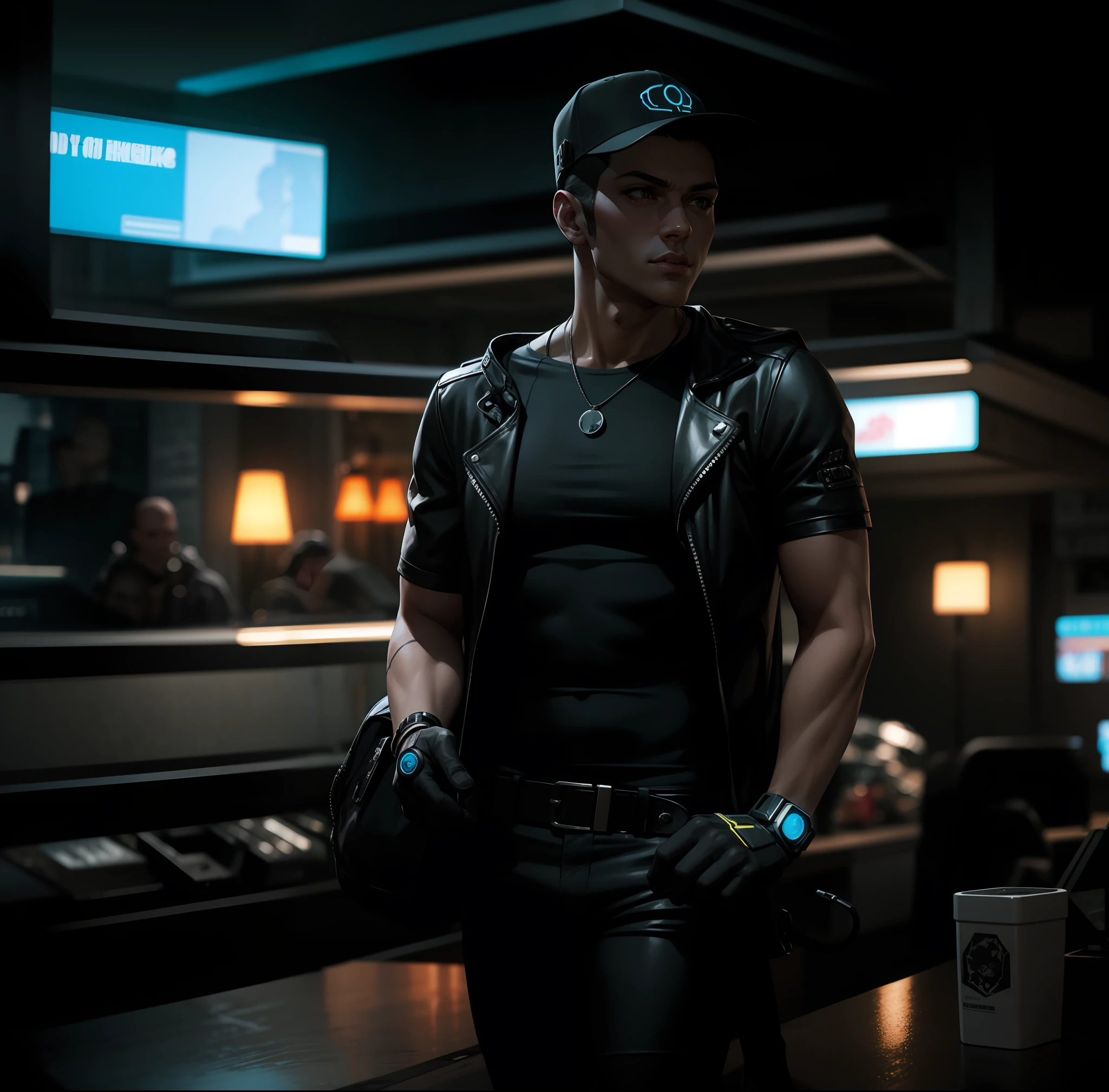 "Cyberpunk-inspired atmosphere, Realistic skin tone, Captivating shadows,Immersive 8k resolution, Strikingly handsome protagonist."