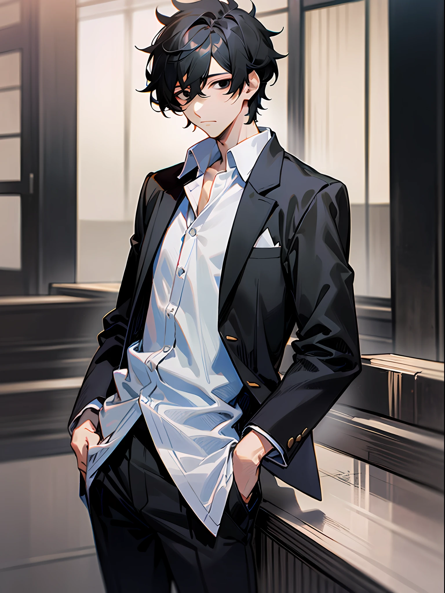 1 guy, handsome, lifeless eyes, black hair, black eyes, 1.8m tall, white shirt, long collar, long sleeves, long black pants, cold face, 1Japanese high school boy's uniform