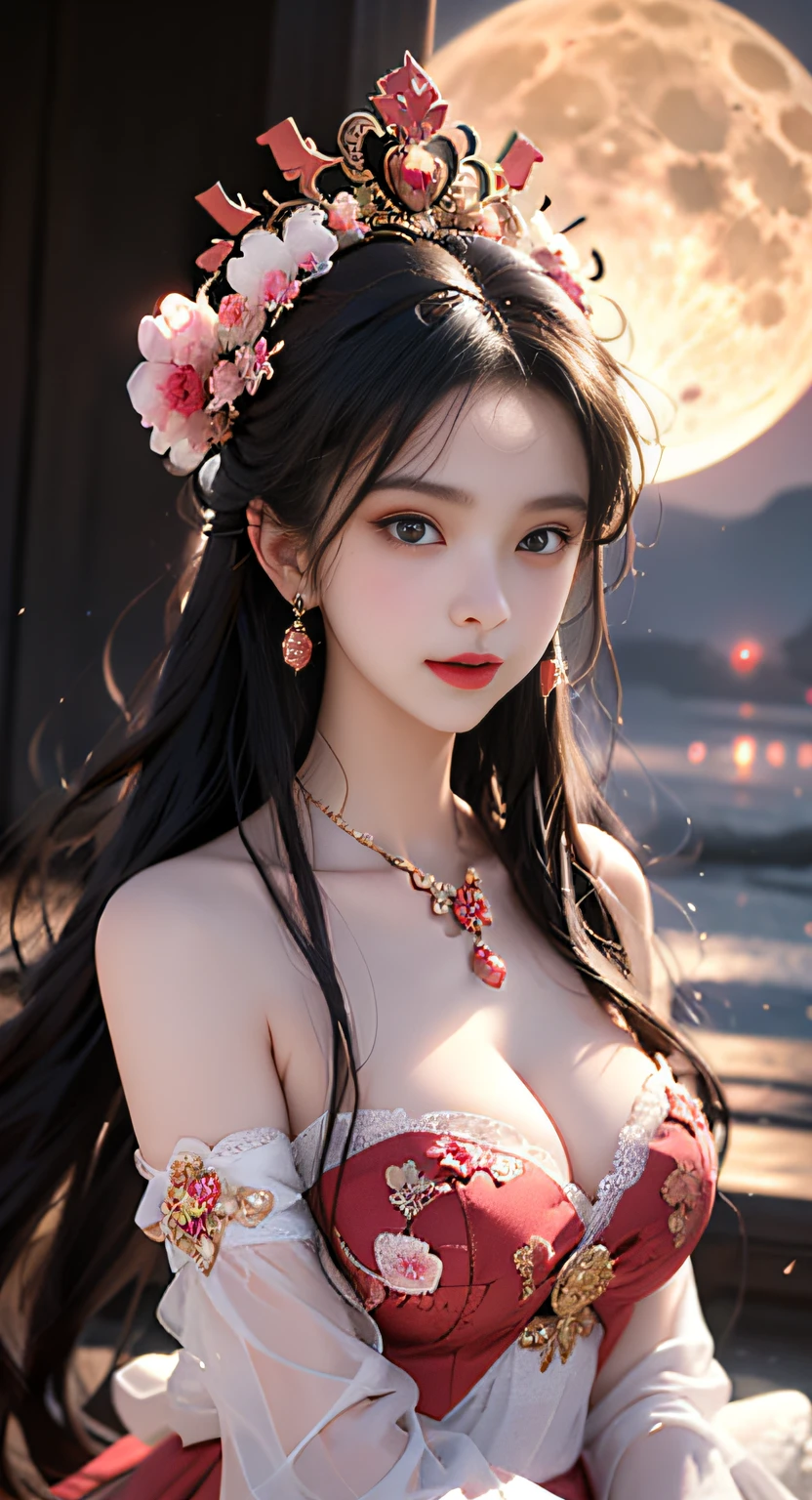 1 adult empress wearing a red lace top, deep-breasted nightgown, Chinese-style clothes, ancient costumes with many phoenix patterns, flawless pink and white face, crowned head, hip-length black hair , very beautiful and sharp brown eyes, small red lips, painted lips, closed mouth, jewelry worn around the neck, earrings, white and even teeth, high nose, big round breasts, the girl's body is covered with water on chest, long legs, thin mesh black socks, portrait, most realistic, highest quality, best pixels, 8k ultra , (clear super big moon background: 1.8)