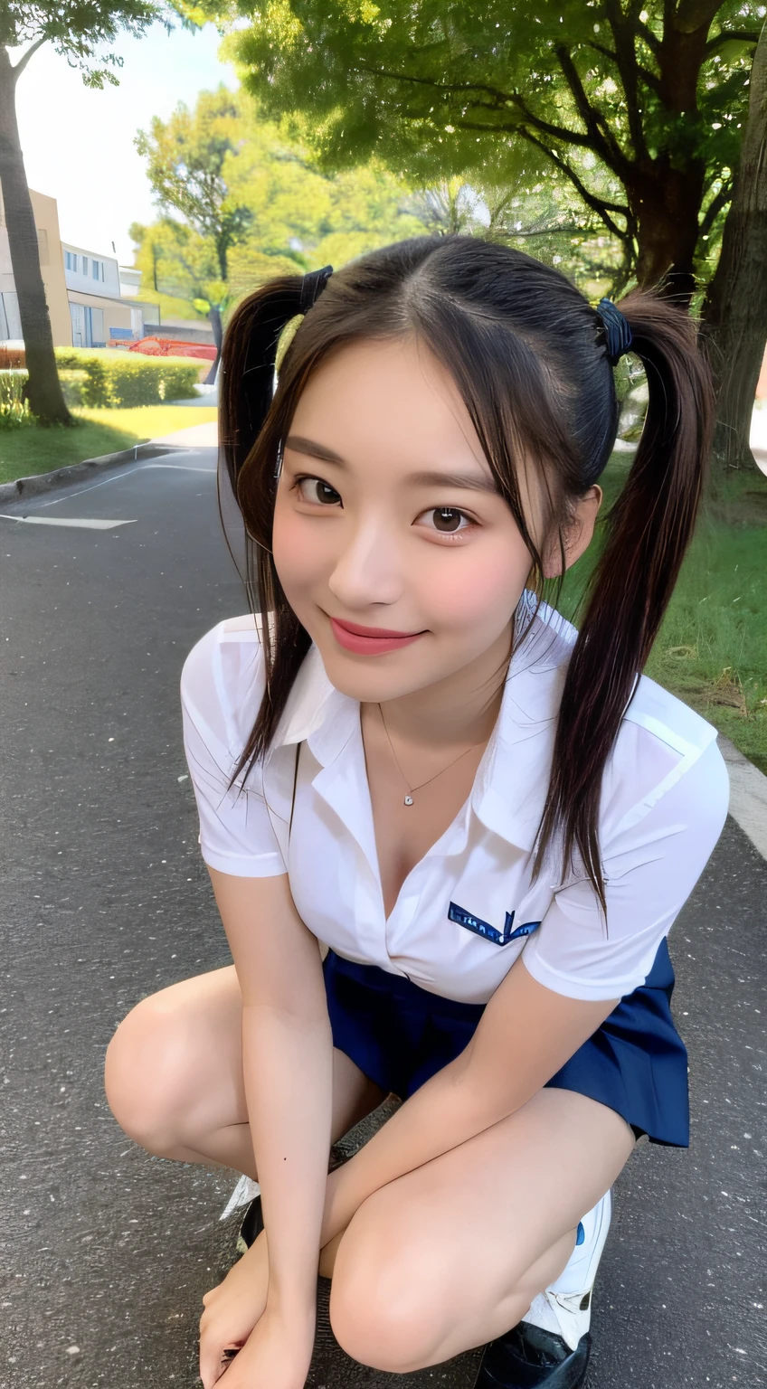 ((Top Quality, 8K, Masterpiece: 1.3)), 1 person, slender and tight abs, beautiful naked Japan schoolgirl: 1.3, full body type, Japan uniform, full open shirt, shirt on skin, dark blue pleats, super miniskirt, panties show, (smooth pigtails long hair, light brown hair, big,), no bra, see-through, super delicate face, delicate eyes, double eyelids, smile, at school, sit, squatting, white socks,