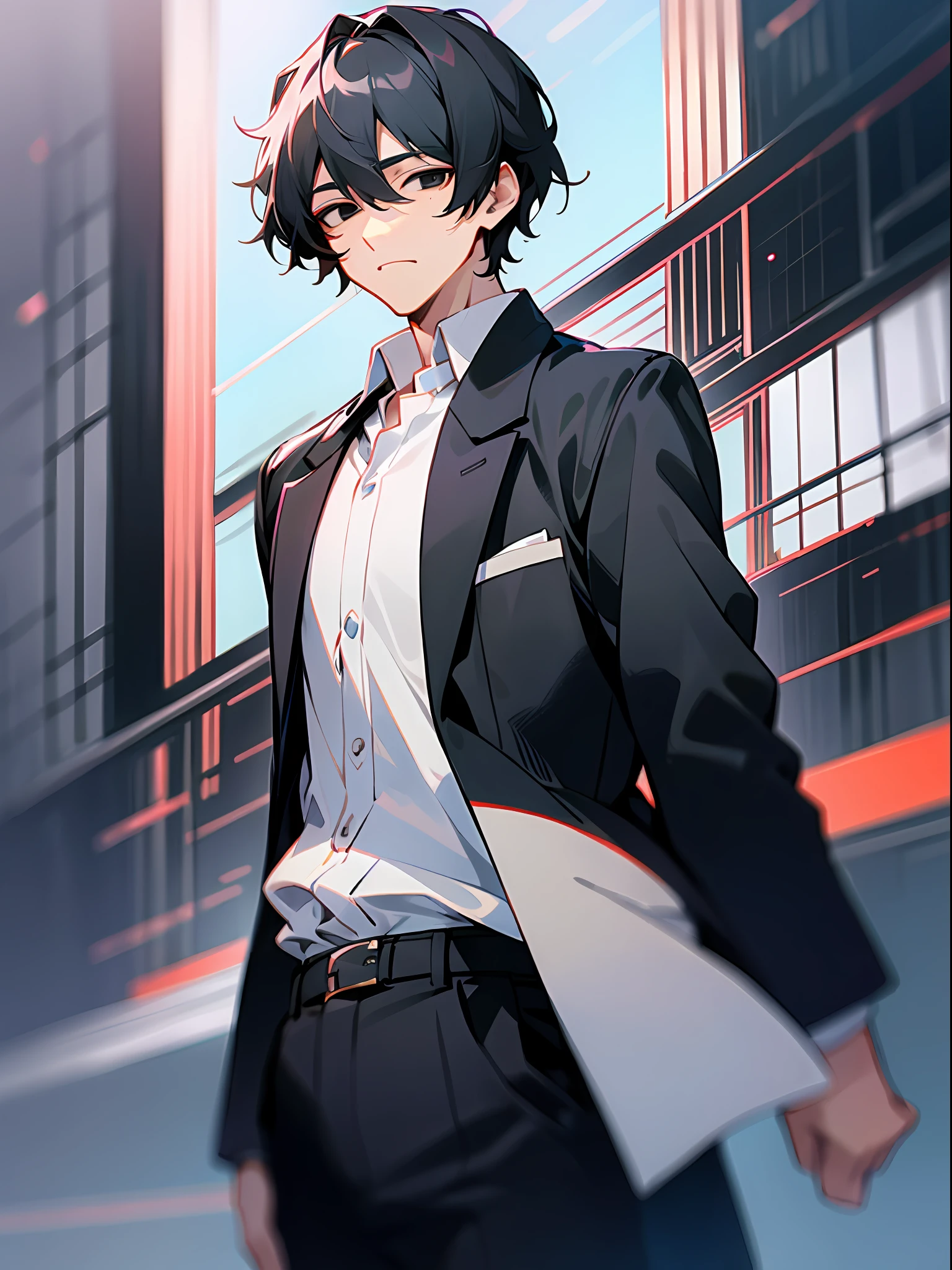 1 guy, handsome, lifeless eyes, black hair, black eyes, 1.8m tall, white shirt, long collar, long sleeves, long black pants, cold face, 1Japanese high school boy's uniform