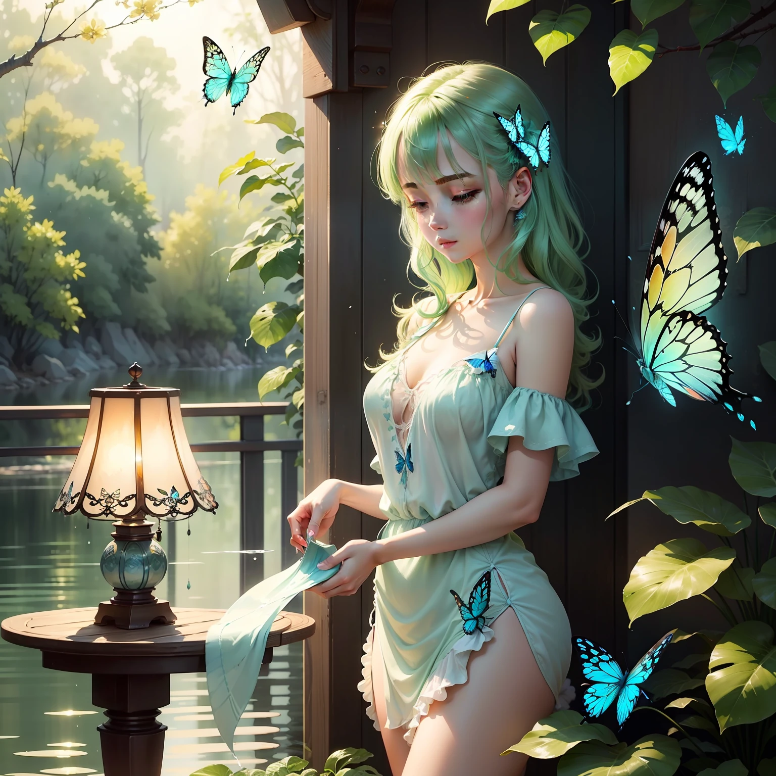 watercolor paiting,Light green vs light blue,Create a cool atmosphere,Romantic light,Soft and shiny,Summer water lamp effect。Splash ink,Epic exquisite butterfly art,Amazing butterfly art