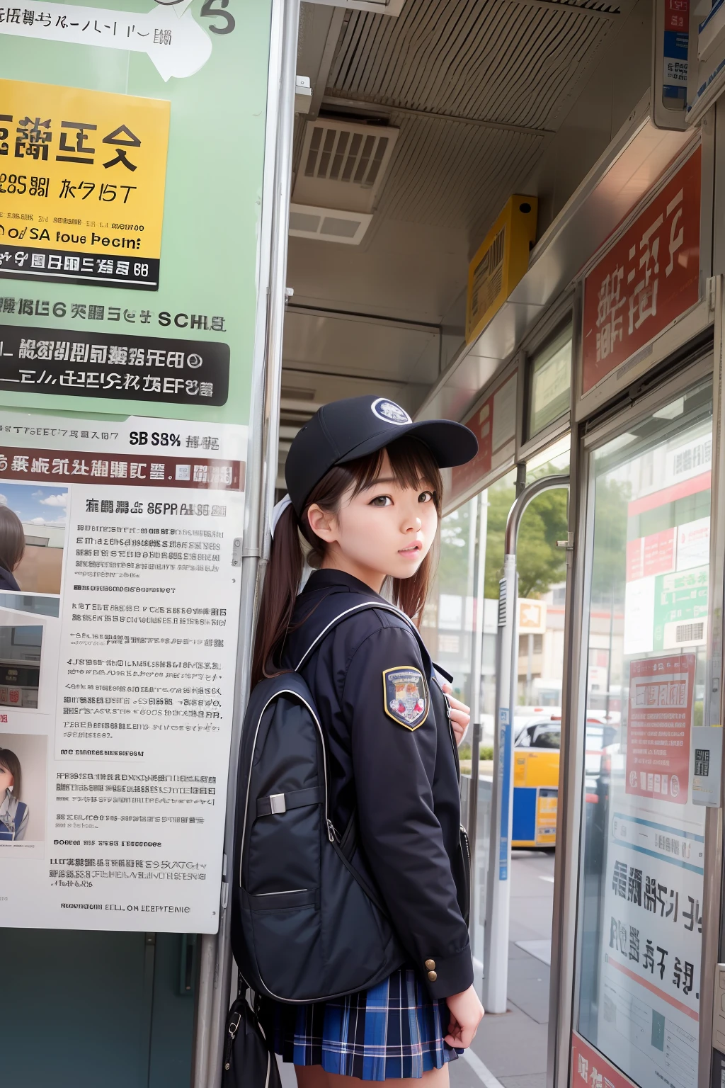 high detal、highly accurate、Way back、Bus stop、1High school girl in uniform