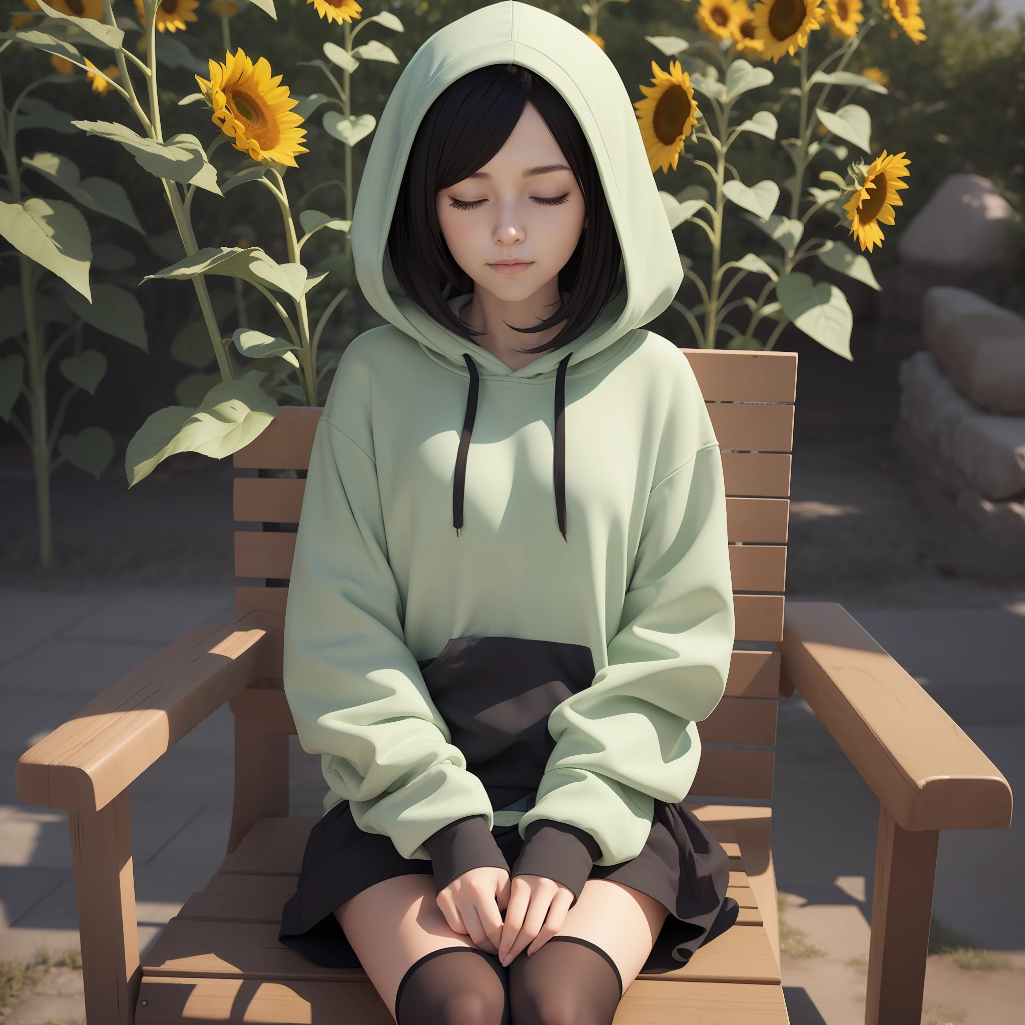 There is a young anime girl sitting on a bench,With his eyes closed,Pursed his lips and smiled,sunflowers in the background, wearing a hoodie and flowers, Guviz-style artwork, black haired girl wearing hoodie, Anime girl in real life, beautiful sunflower anime girl, Realistic anime 3 D style, girl wearing hoodie, 3 d anime realistic, photorealistic anime girl rendering, Ross Tran 8 K,Leaves in hand