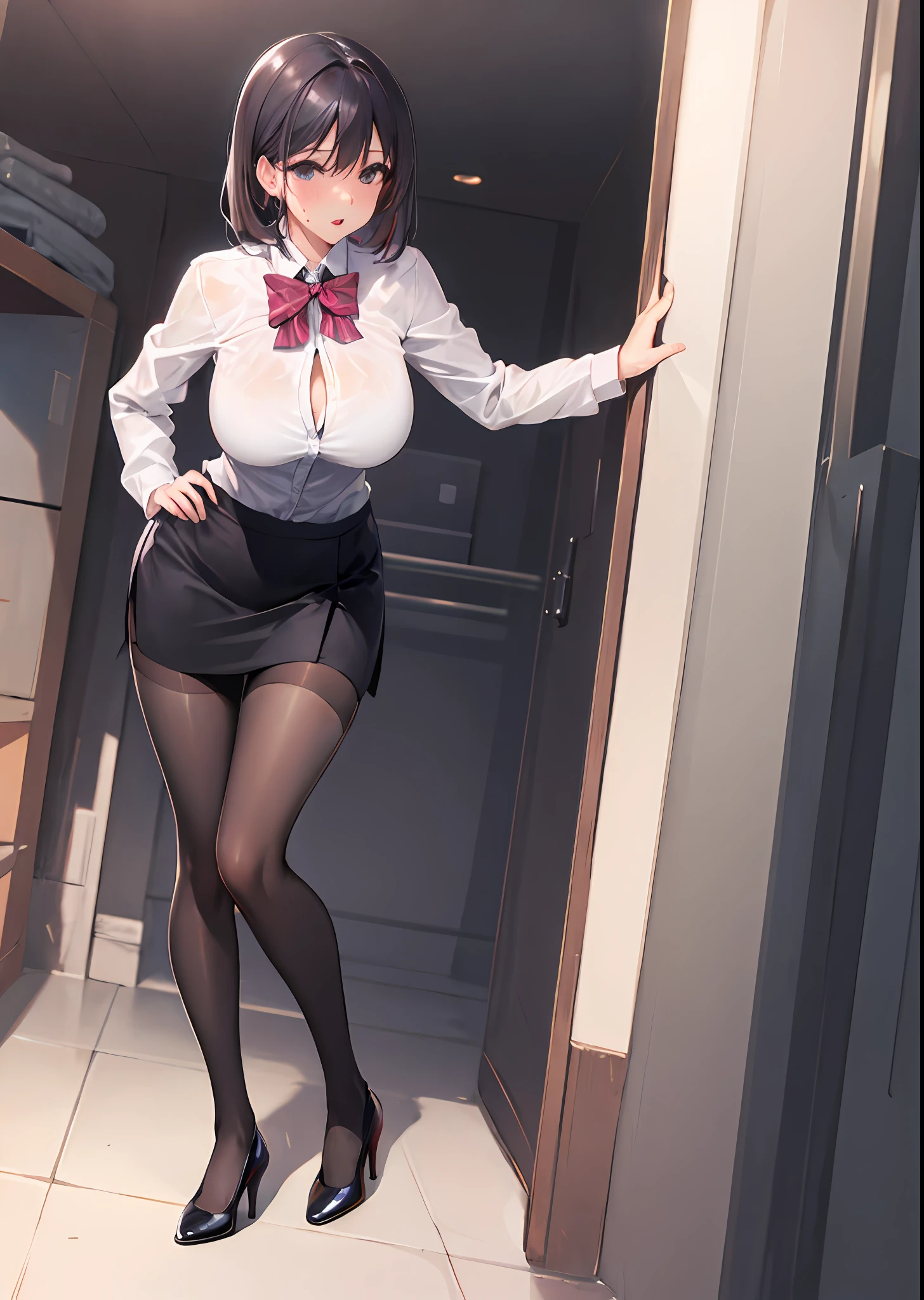 full body photo of a beautiful sexy secretary wearing extremely short skirt and seamed stockings, standing exactly, ((Solo)), Adult, In the office, High heels, desire big breasts, Sweaty