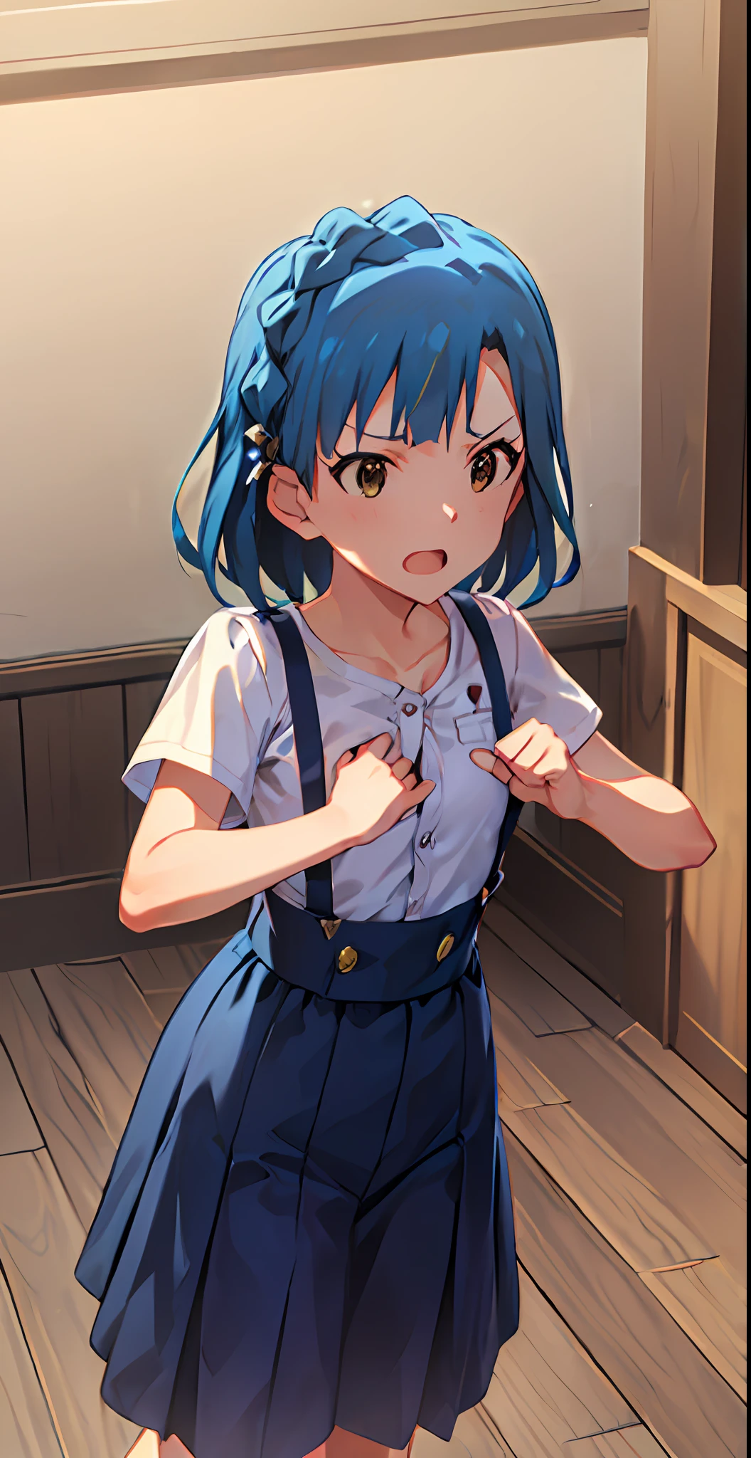 yuriko nanao (million live). Short stature. white t-shirts. suspenders.Skirt.(((masterpiece))).(((best quality))).((Ultra-detailed))).(((illustratio))). (((fighting stance))).(((a room))).(((make a fist))).(((up chest))).Despair face.((short-hair)).((Medium chest)).((Opening Mouth)).