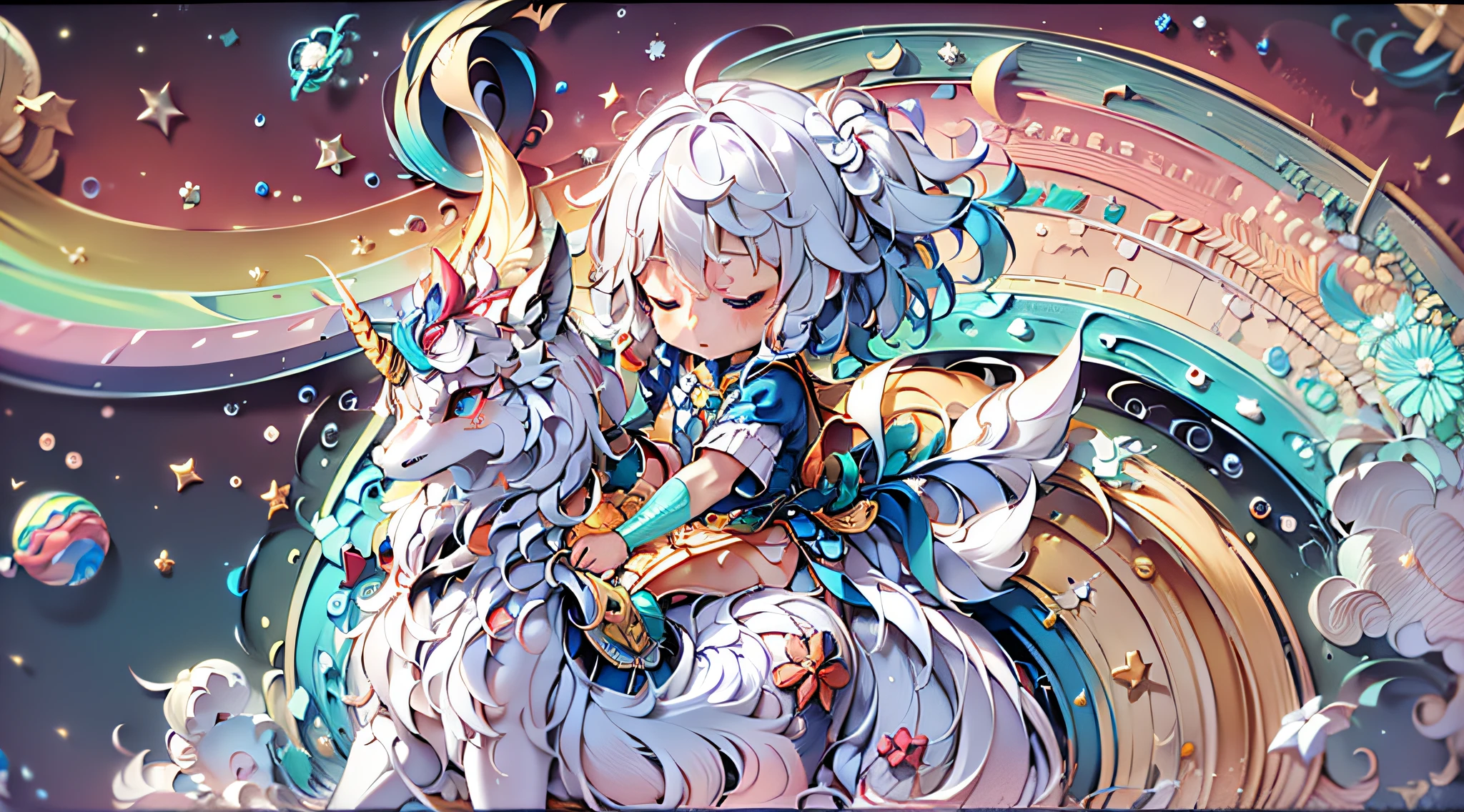 Child riding a robot unicorn in space,Soar the universe,rainbowing,stars,ufos,High-quality masterpieces