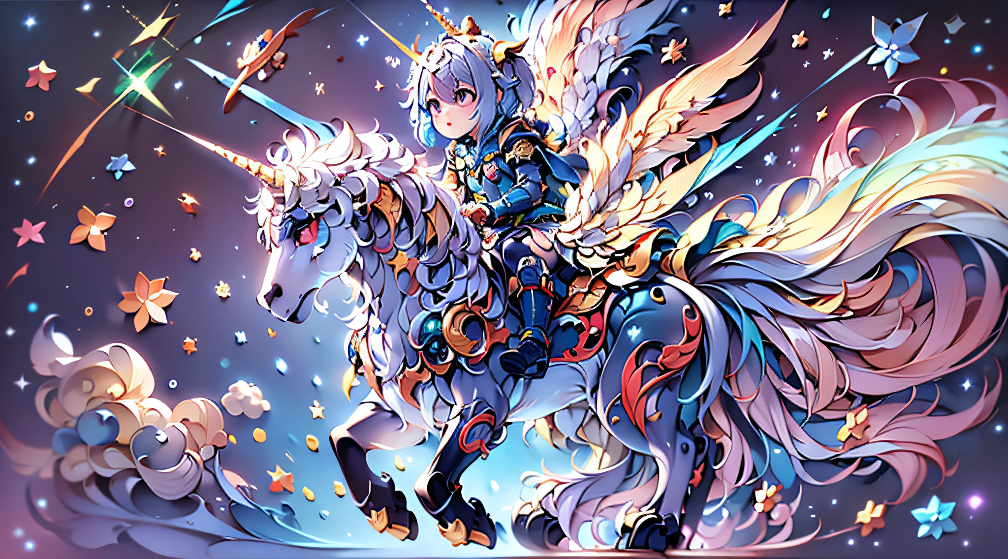 Child riding a robot unicorn in space,Soar the universe,rainbowing,stars,ufos,High-quality masterpieces