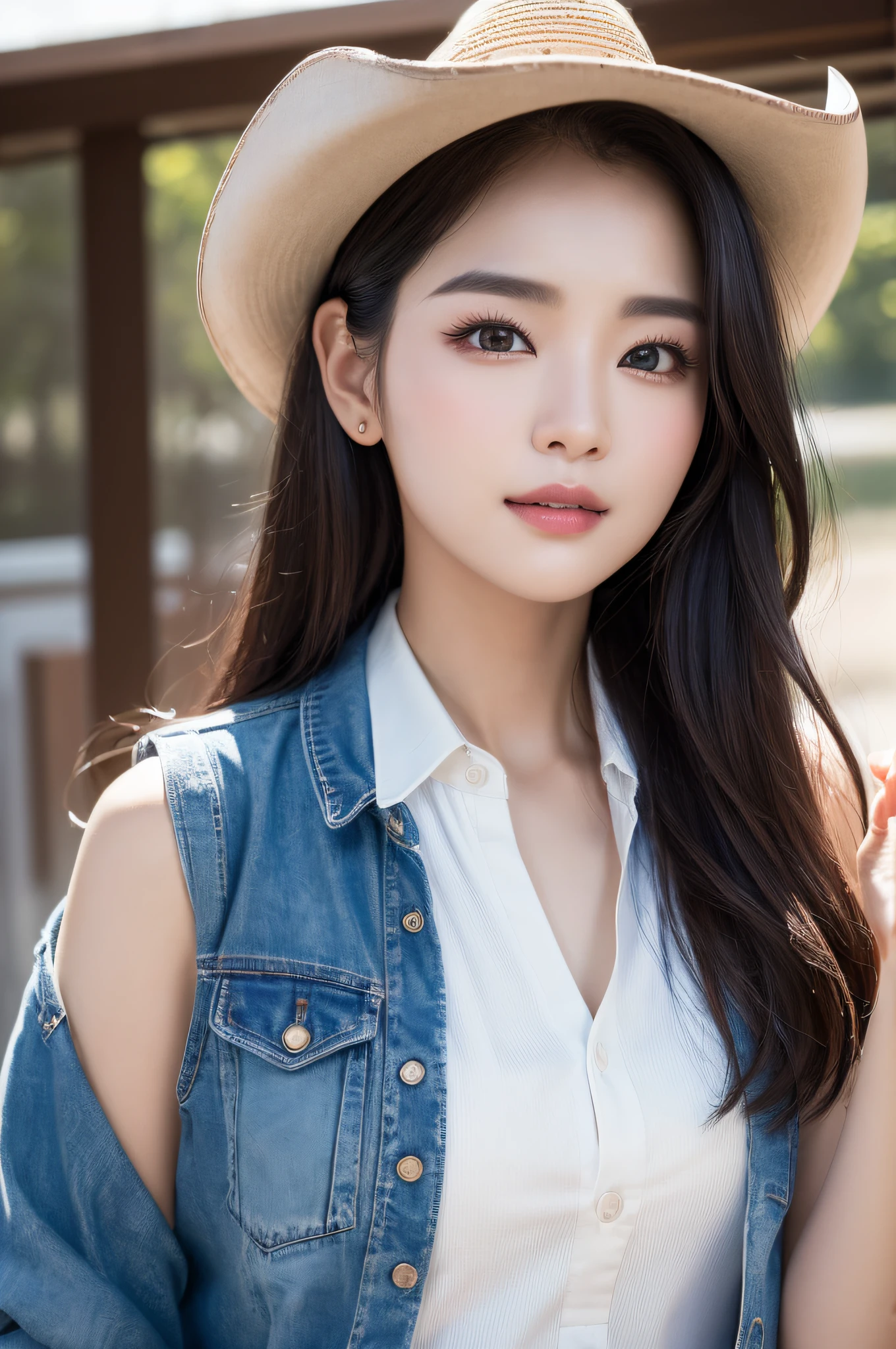 ((best qualtiy、8k masterpieces:1.3))、foco nítido:1.2、(ultra beautiful faces:1.0)、(shinny skin:1.0)、photos realistic、A dark-haired、Video Lighting、High-definition eyes and face、Video Lighting、(cowboy  shot:1.3)、(Korean Cute Actress)、from the front side、medium large breasts、ssmile、Sleeveless、Wearing a white blouse