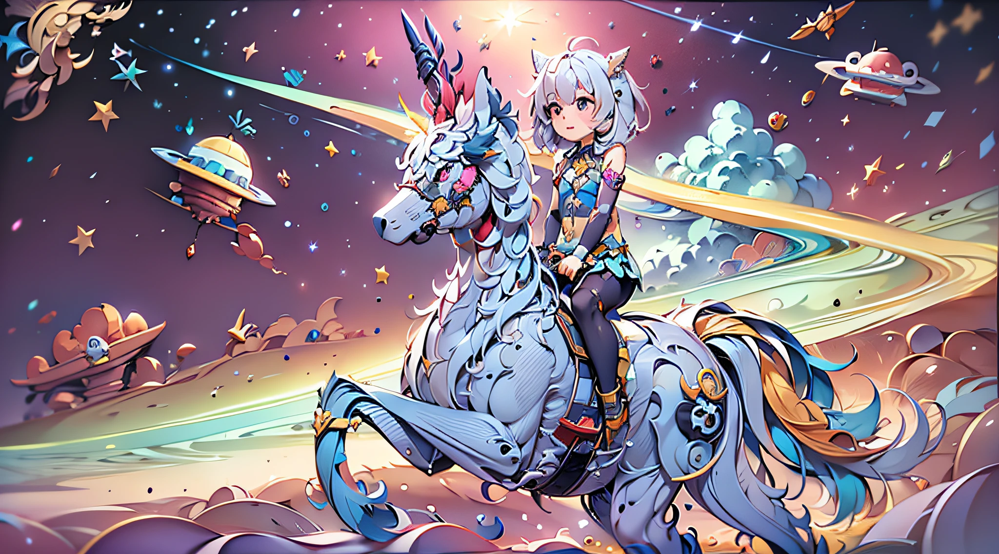 riding a robot unicorn in space,Soar the universe,rainbowing,stars,ufos,High-quality masterpieces