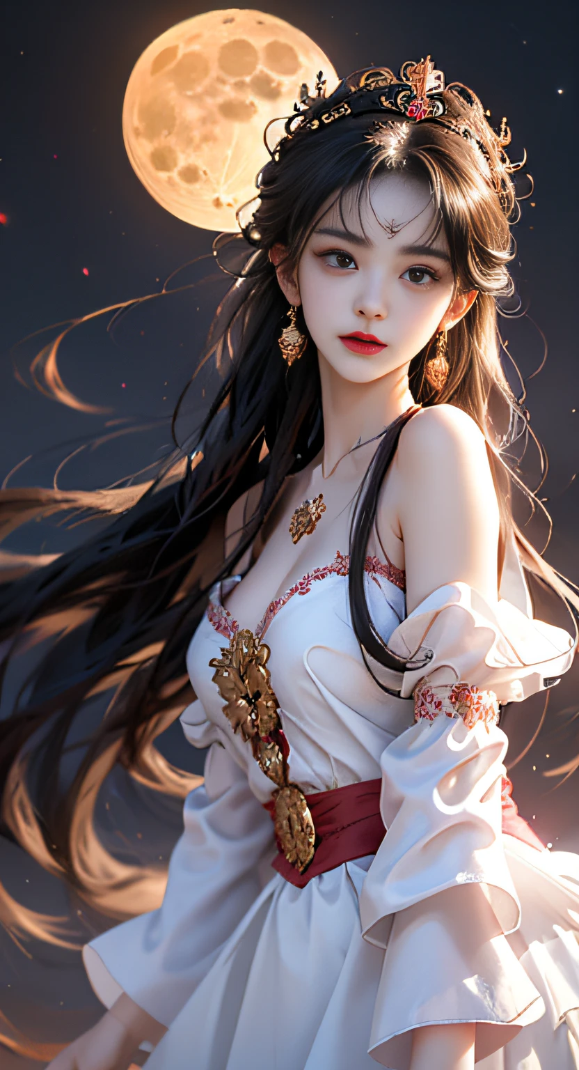 1 adult empress wearing a red lace top, deep-breasted nightgown, Chinese-style clothes, ancient costumes with many phoenix patterns, flawless pink and white face, crowned head, hip-length black hair , very beautiful and sharp brown eyes, small red lips, painted lips, closed mouth, jewelry worn around the neck, earrings, white and even teeth, high nose, big round breasts, the girl's body is covered with water on chest, long legs, thin mesh black socks, portrait, most realistic, highest quality, best pixels, 8k ultra , (clear super big moon background: 1.8)