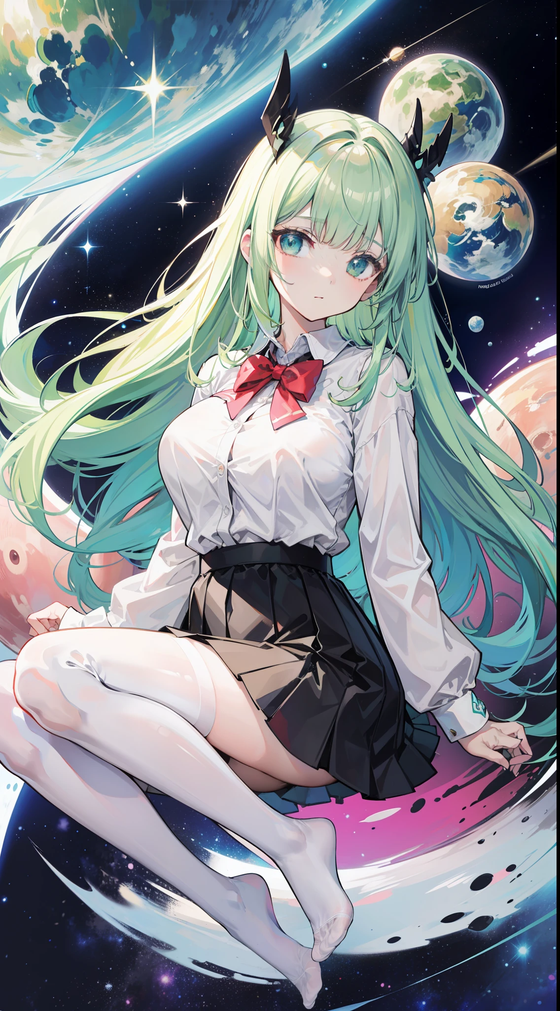 Masterpiece((tmasterpiece)),(White color blouse),((black micro skirt)),(Black transparent stockings),adolable,is shy,(Long green)Hair,red bowtie,long leges,(In space),Face a huge planet for a moment,Open navel,No shoes on