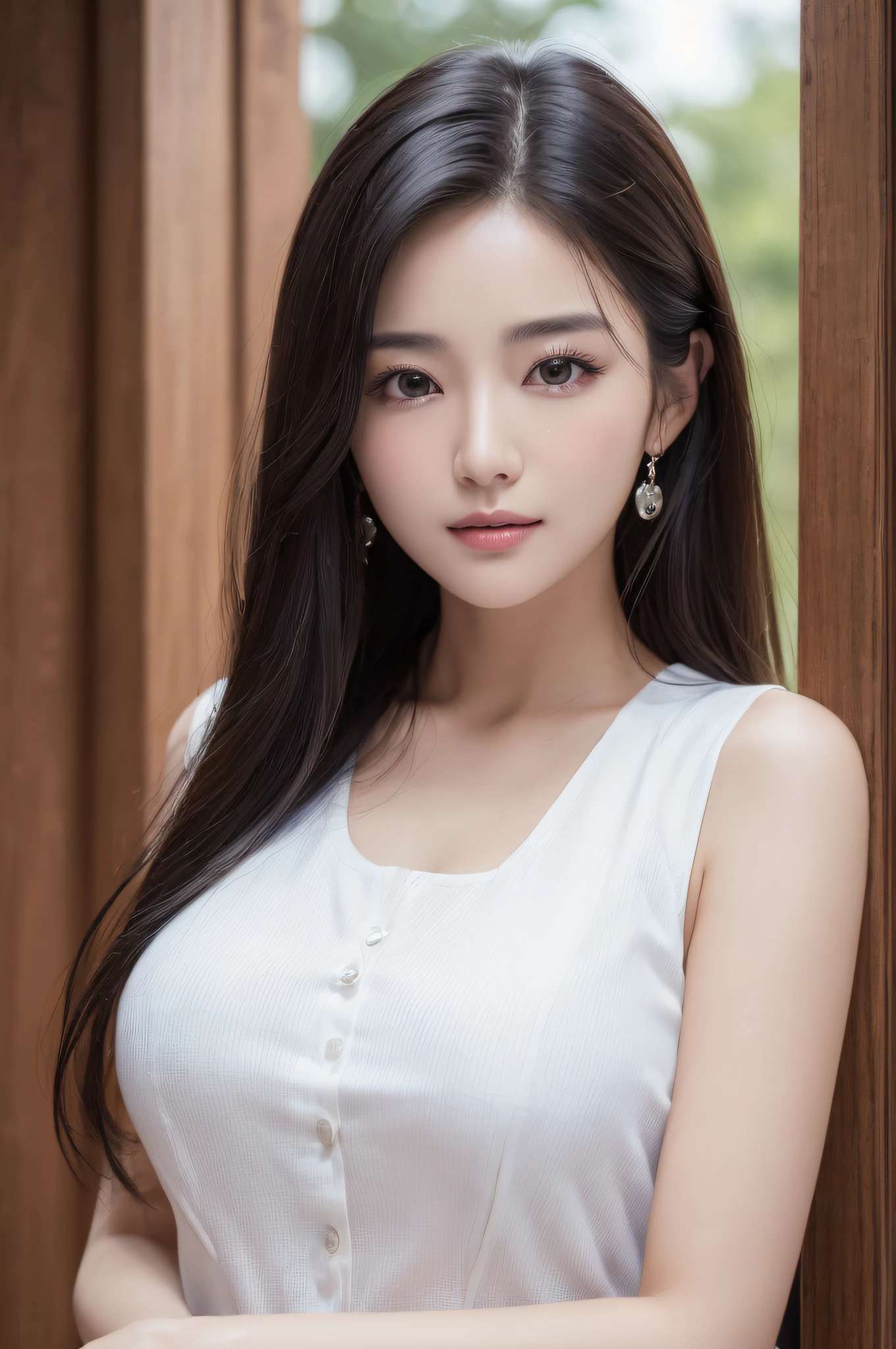 ((best qualtiy、8k masterpieces:1.3))、foco nítido:1.2、(ultra beautiful faces:1.0)、(shinny skin:1.0)、photos realistic、A dark-haired、Video Lighting、High-definition eyes and face、Video Lighting、(cowboy  shot:1.3)、(Korean Cute Actress)、from the front side、medium large breasts、ssmile、Sleeveless、Wearing a white blouse
