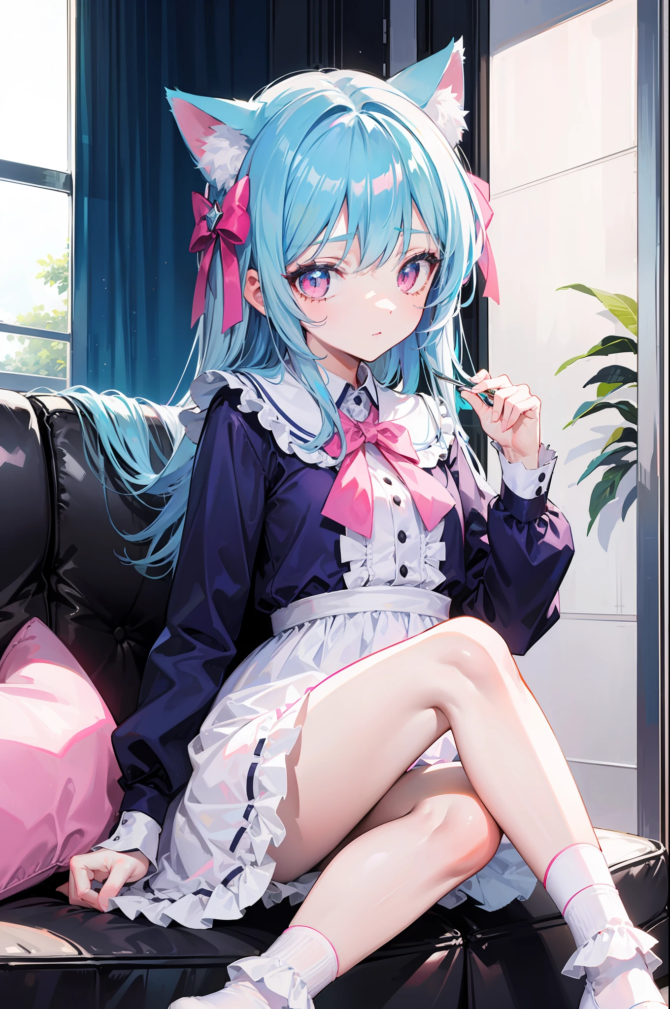 lightblue hair,Cat ears,Pink eyes,Light blue ta,White socks,pink bows,inside in room,sitting in the couch,liveroom
