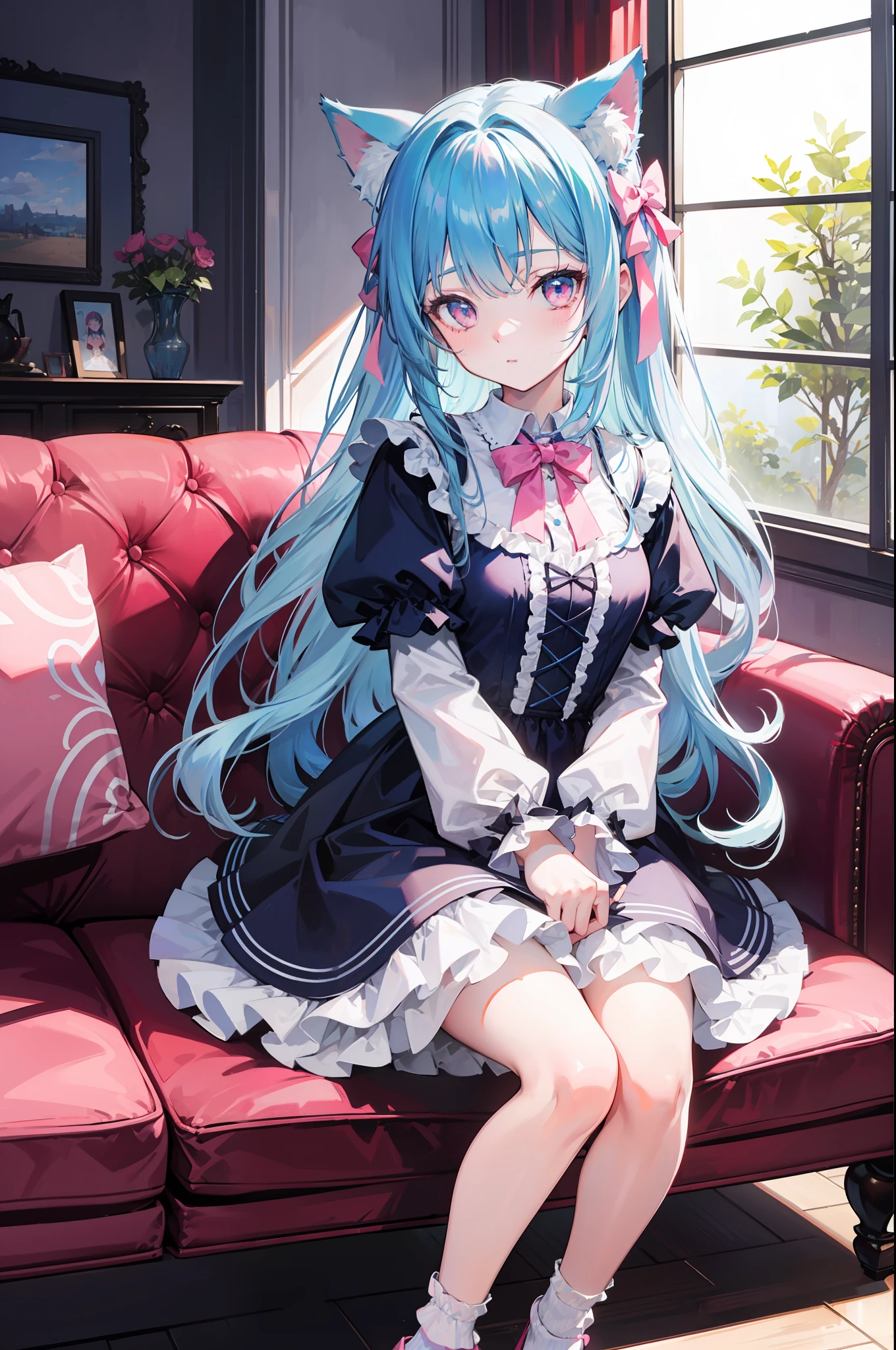 lightblue hair,Cat ears,Pink eyes,Light blue ta,White socks,pink bows,inside in room,sitting in the couch,liveroom