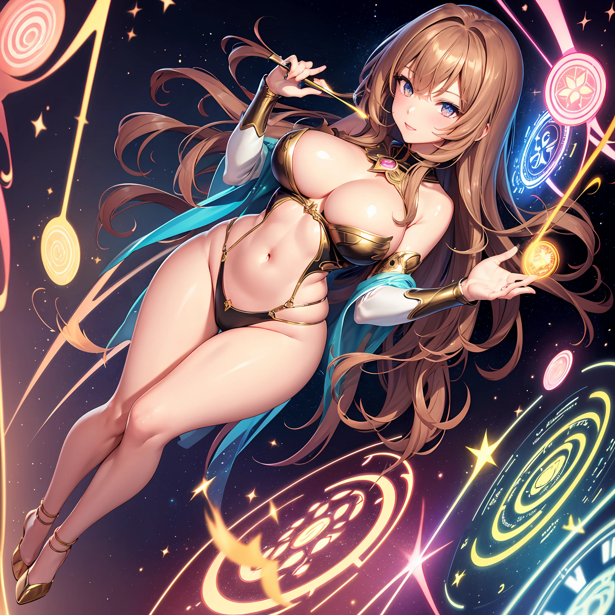 super high image, super detail, high resolution, super beautiful woman, amorous expression, glossy flowing layered wavy light brown hair, sparkling gold eyes, alluring moist pink lips, huge breasts, under boob, great proportion, perfect proportion, slender, full body, anime, manga, illustration, fantasy, background northern renaissance style, galaxy, magic circle, kaleidoscope, rainbow neon light many lines, cyber punk --auto