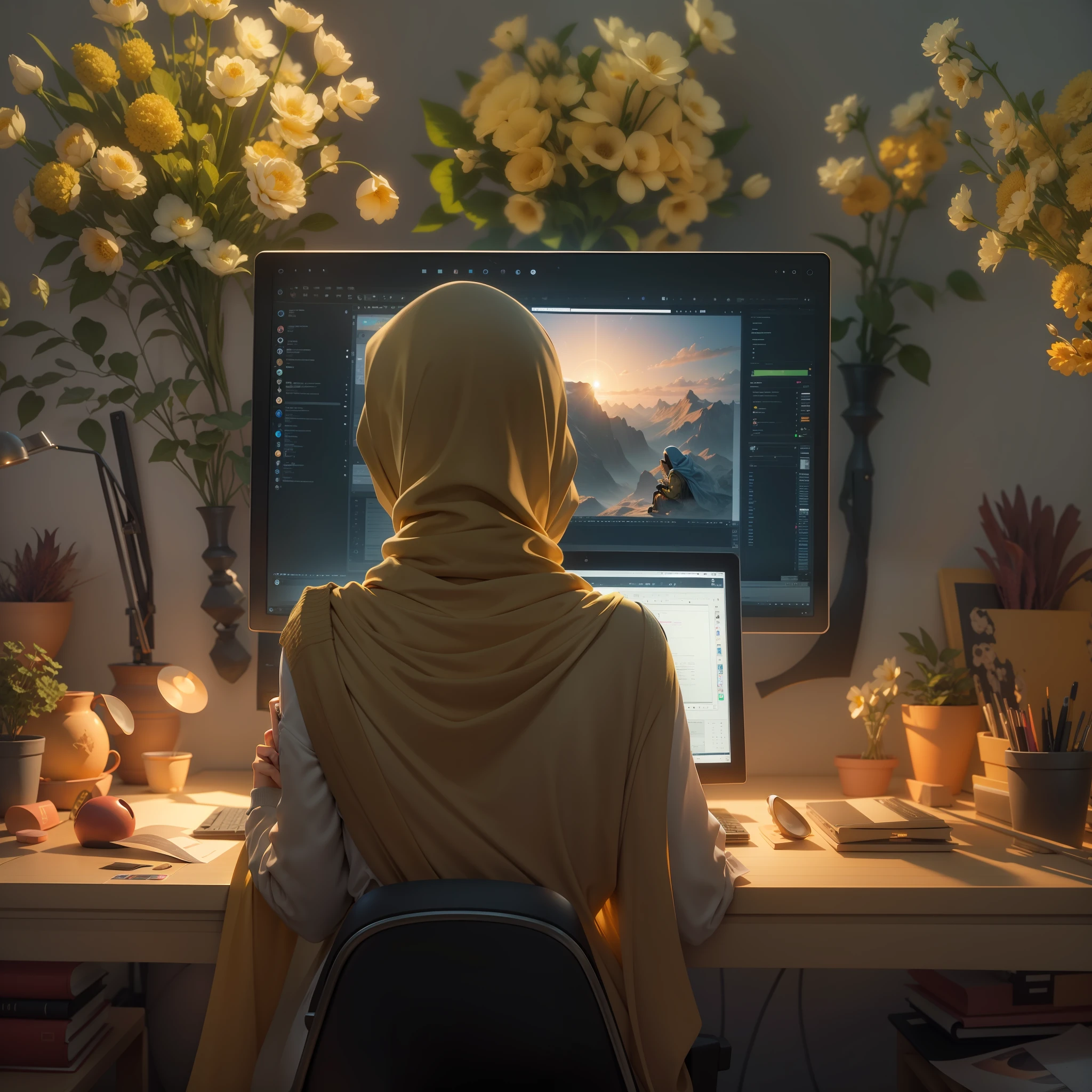 A designer girl in a hijab sits at a computer and makes a design, THE OVER THE SHOULDER SHOT, Rear view, view from back, What she does on the computer is not visible, There are many beautiful indoor flowers around the desktop and at the computer, Photorealistic, Ultra photoreal, Atmospheric, Hyperrealistic, Golden ratio, Golden hour, 8K