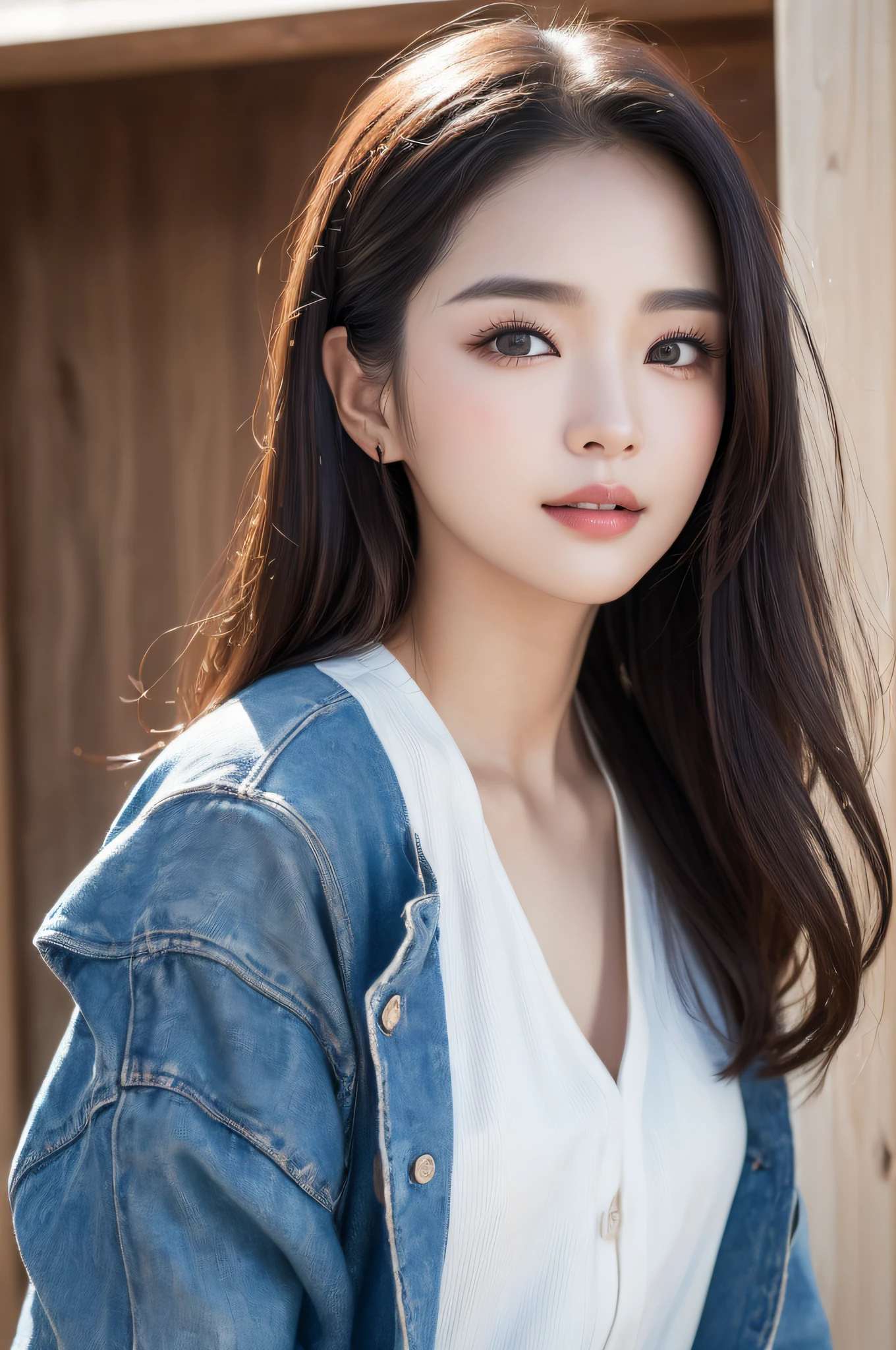 ((best qualtiy、8k masterpieces:1.3))、foco nítido:1.2、(ultra beautiful faces:1.0)、(shinny skin:1.0)、photos realistic、A dark-haired、Video Lighting、High-definition eyes and face、Video Lighting、(cowboy shot:1.3)、(Korean Cute Actress)、from the front side、medium large breasts、ssmile、Sleeveless、Wearing a white blouse