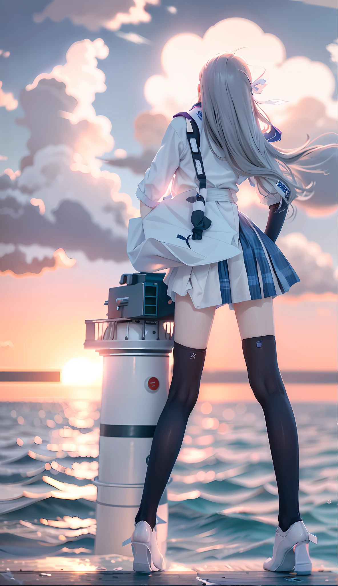 Arad woman standing on the dock in a skirt and white shirt, wearing skirt and high socks, Surrealism female students, thighhighs and skirt, animeaesthetic, animeaesthetic, Surrealism female students, Anime girl in real life, Kantai collection style, the ocean in the background, Photorealistic anime, Sailor uniform, standing on the sea side