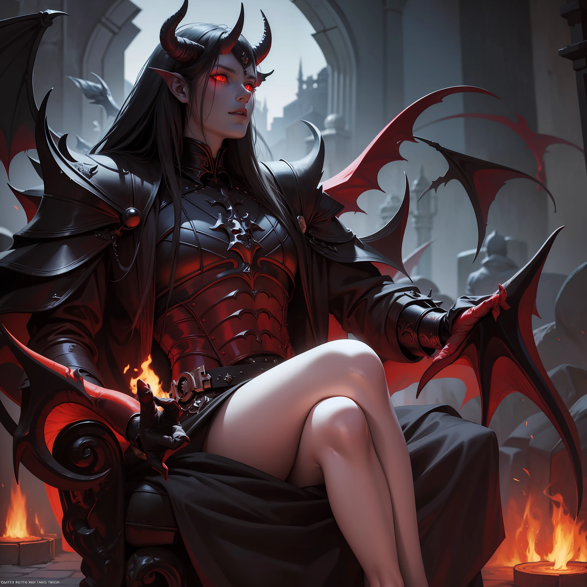 demon，demon king，calm and depressed expression，dark gothic fantasy，tragedy，epic，masterpiece，dark fantasy style，satan，dark flame，cinematic lighting，hyper realistic，hyper detailed --auto