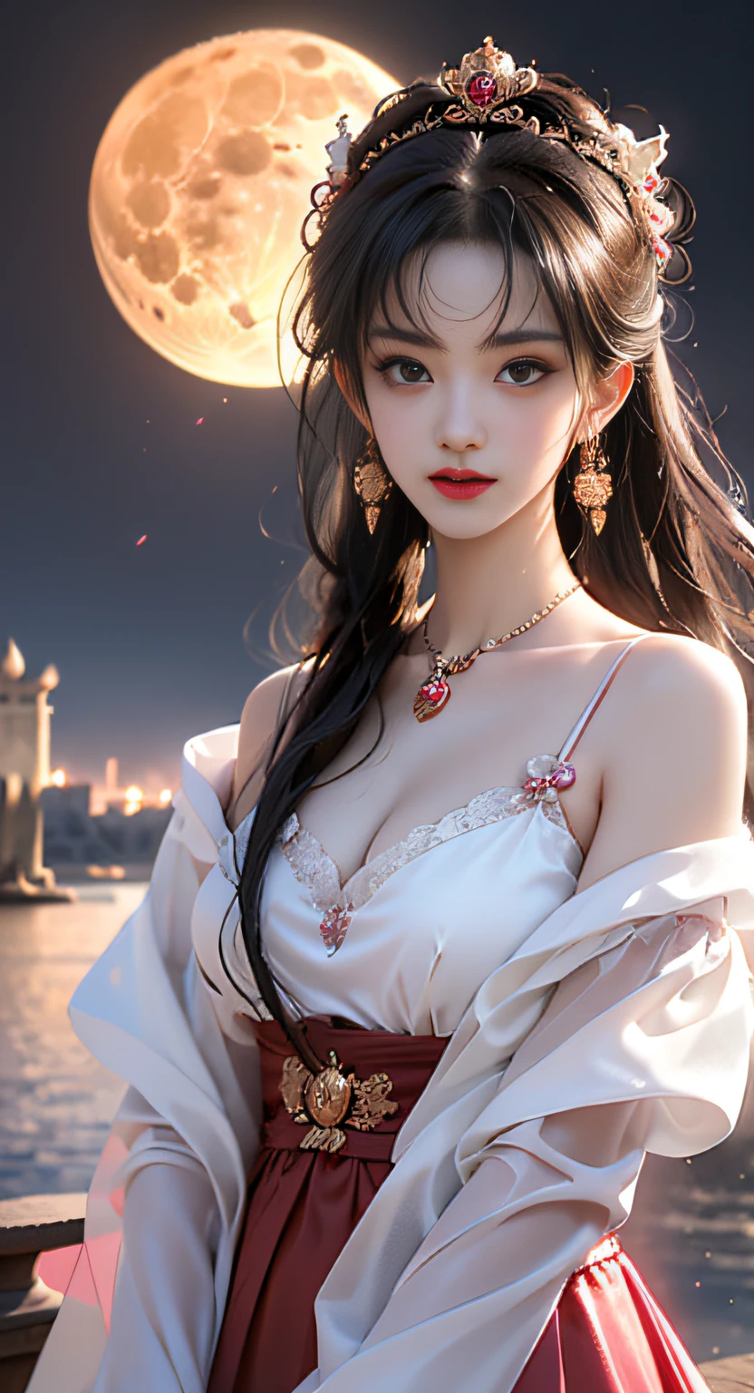 1 adult empress wearing a red lace top, deep-breasted nightgown, Chinese-style clothes, ancient costumes with many phoenix patterns, flawless pink and white face, crowned head, hip-length black hair , very beautiful and sharp brown eyes, small red lips, painted lips, closed mouth, jewelry worn around the neck, earrings, white and even teeth, high nose, big round breasts, the girl's body is covered with water on chest, long legs, thin mesh black socks, portrait, most realistic, highest quality, best pixels, 8k ultra , (clear super big moon background: 1.8)