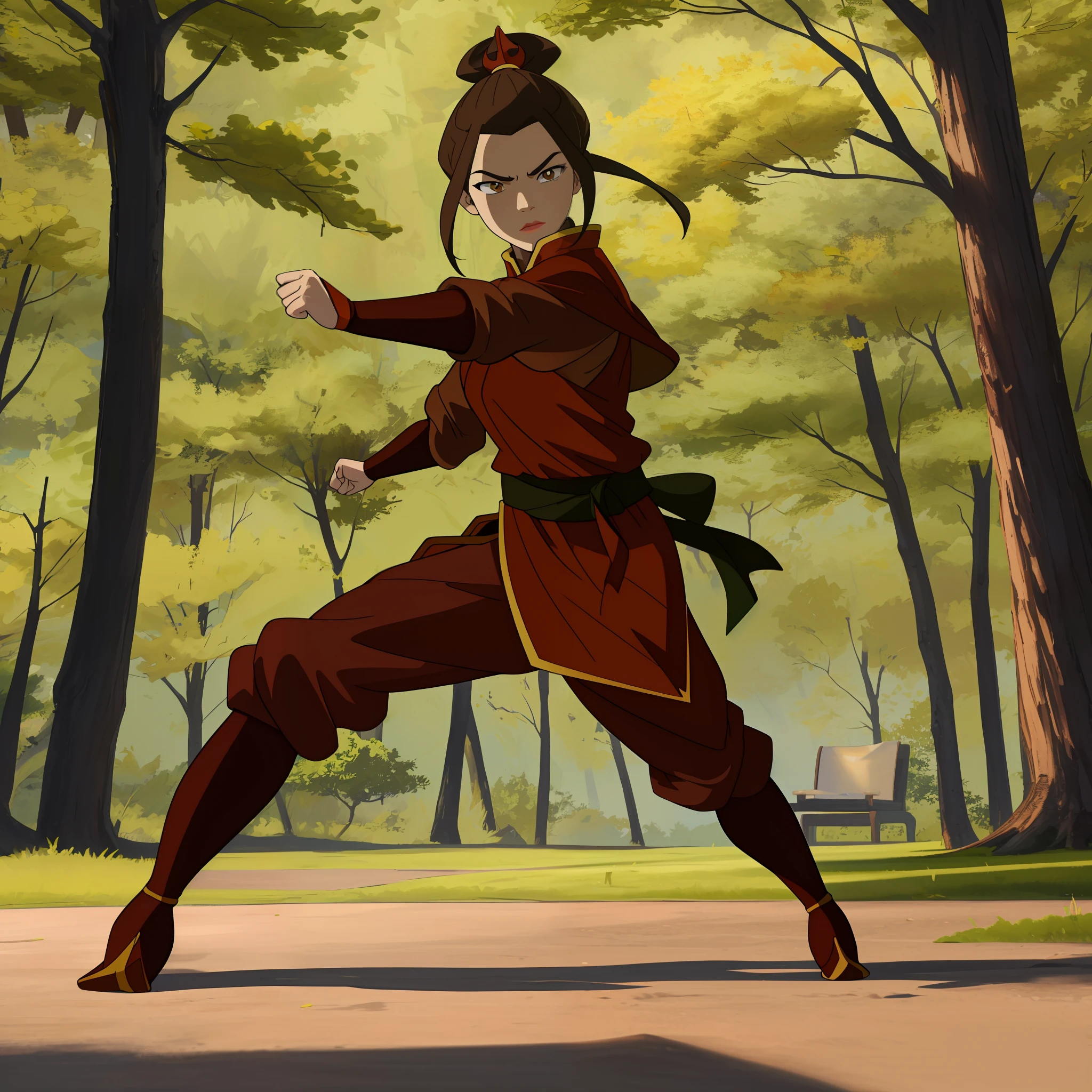 [azula], [(Avatar_the_Last_Airbender)], ((masterpiece:1.4)), ((high res:1.4)), ((High definition)), ((detailed shading)), ((beautiful solo portrait)), ((full body)), ((anime girl)), (beautiful 3D art)), {attractive; (brown hair; hair bun), (beautiful maroon eyes), (focused expression), curvaceous hips, beautiful lips, abs}, {(red robe), (brown baggy pants), (black knee high pointed boots)}, (chachuan martial arts stance), [background; river, sunny, trees]