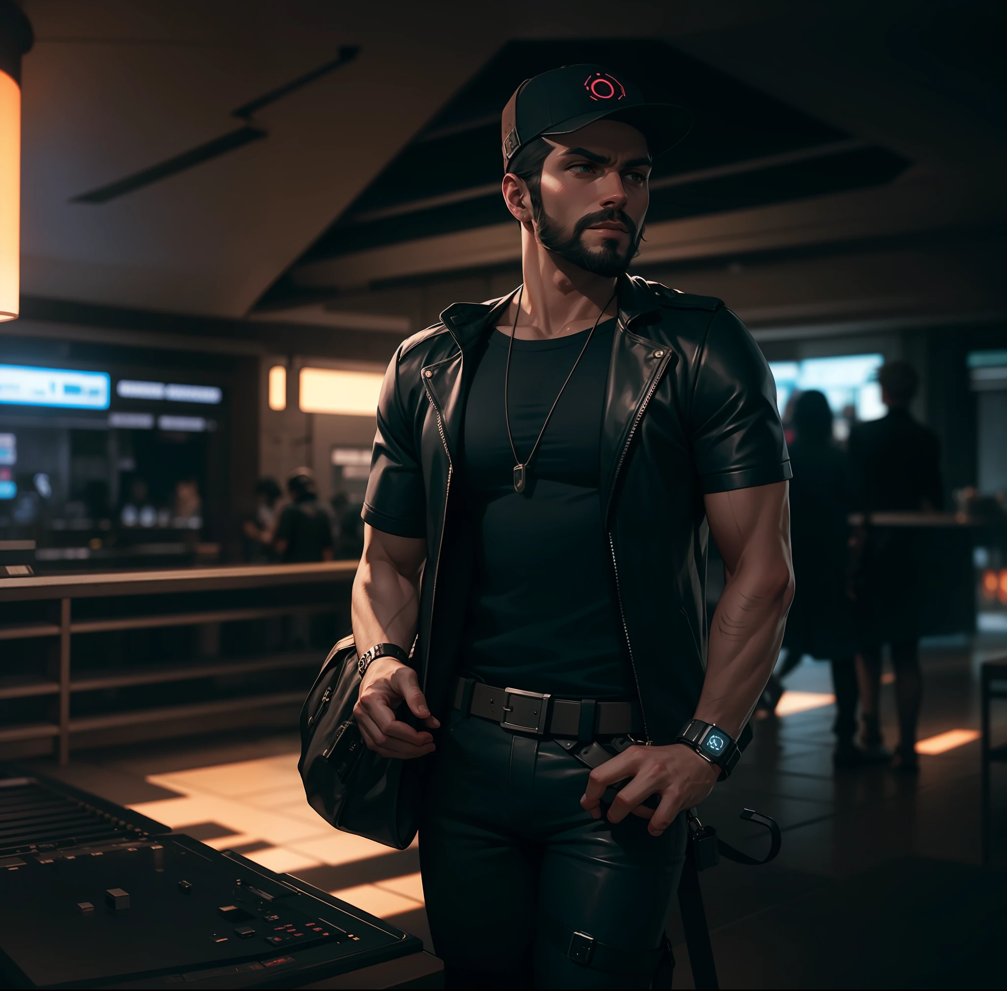 "Cyberpunk-infused ambiance, Highly realistic skin tone, Intriguing shadow play, Immersive 8k resolution, Stunningly handsome protagonist with a stylish beard."