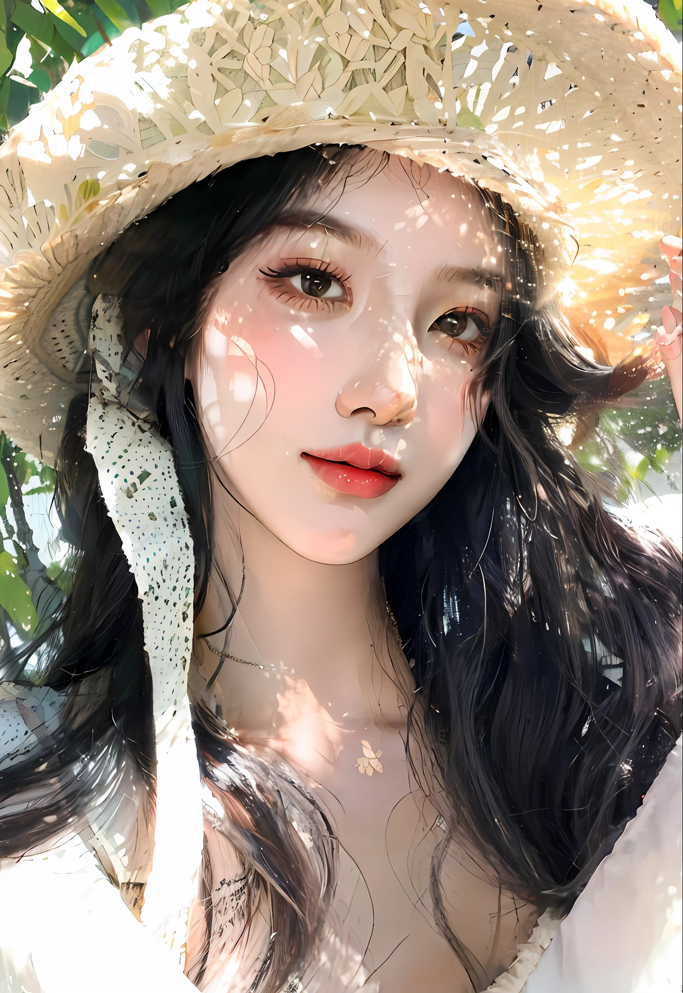 Araki woman in straw hat and white dress, ulzzangs, popular korean makeup, Gorgeous young Korean woman, beautiful Korean women, Beautiful young Korean woman, Popular Korean makeup, sakimichan, with straw hat, hot with shining sun, xintong chen, Choi Hyun-hwa, wan adorable korean face, young lovely Korean faces