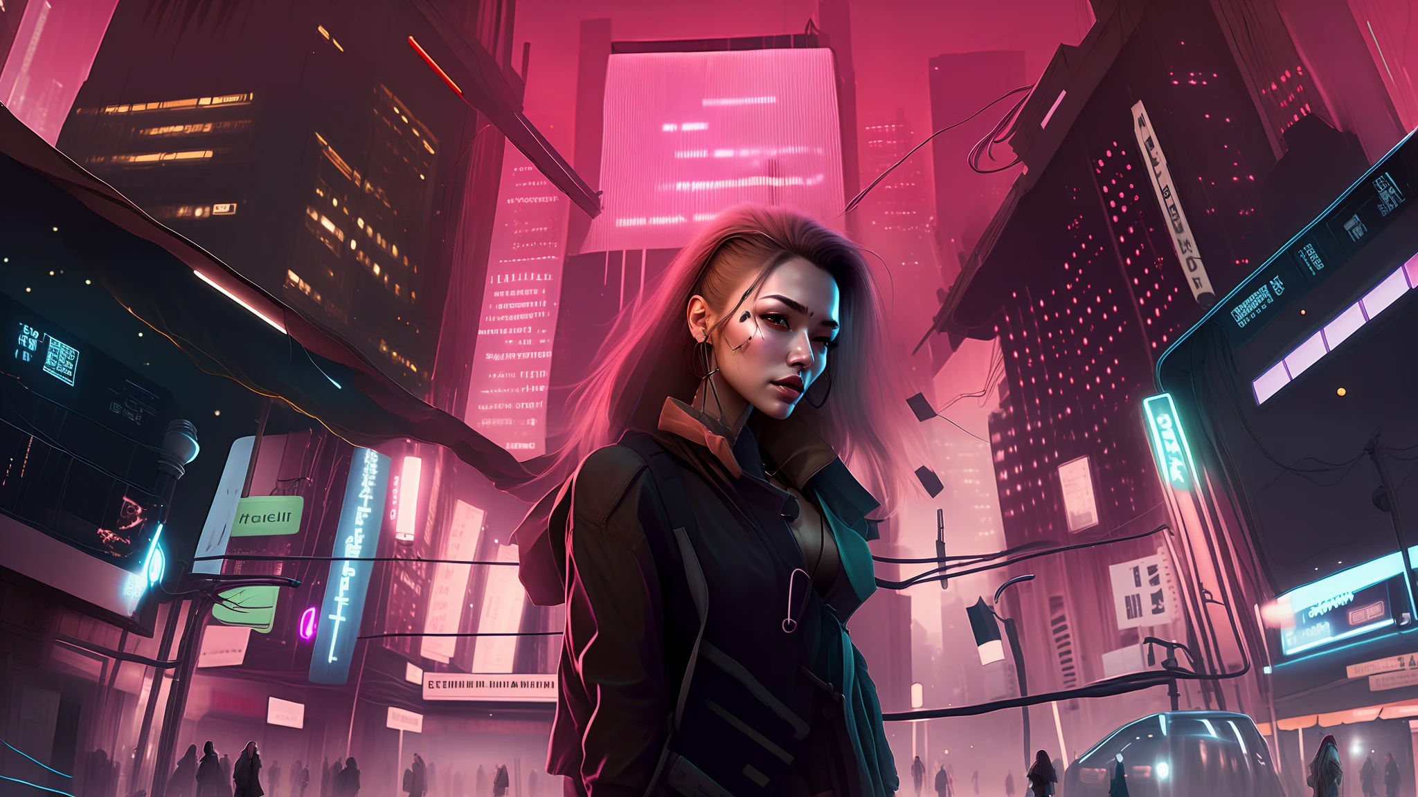 photo, a woman with pink hair standing in the middle of a city at night