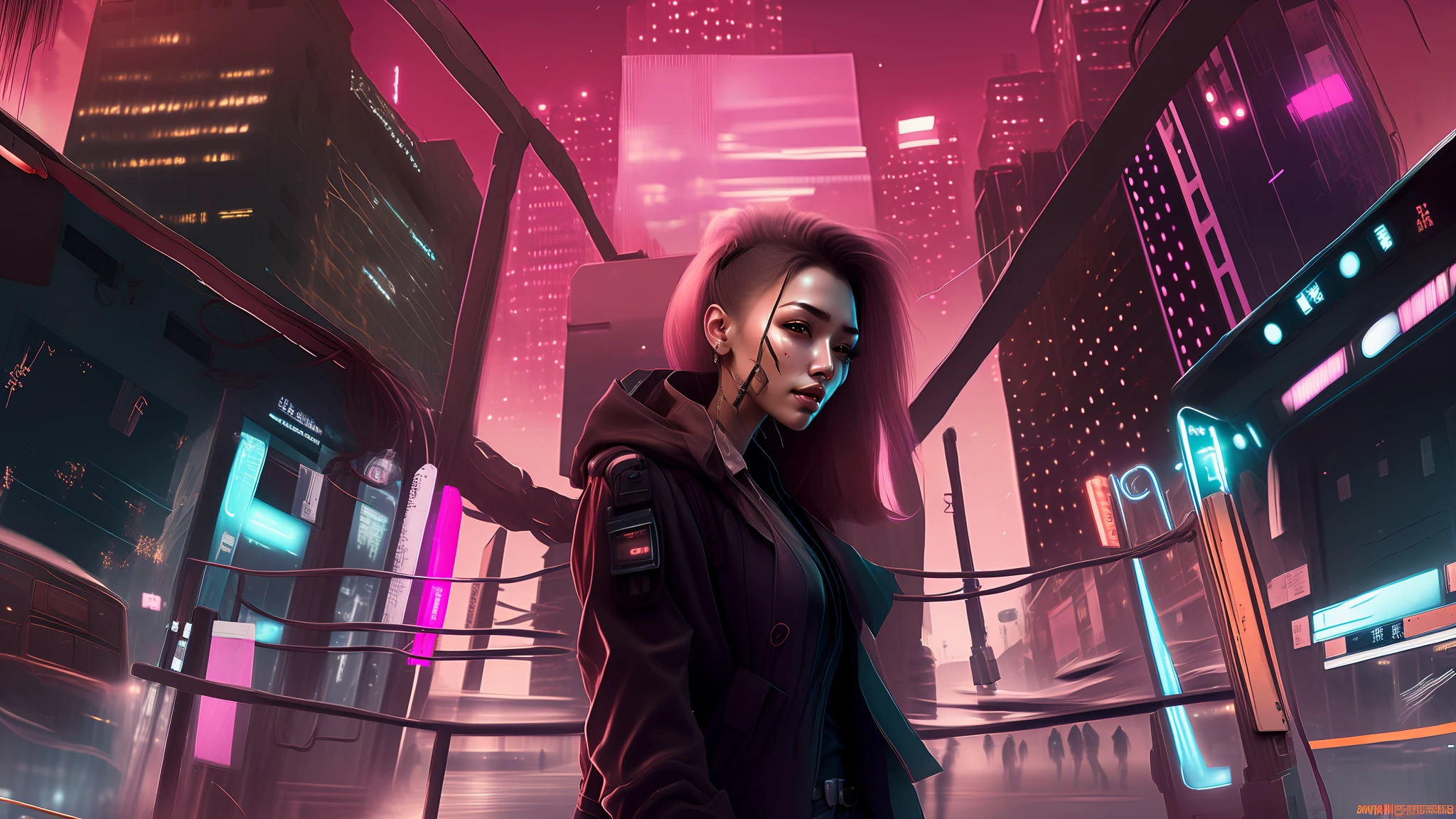 photo, a woman with pink hair standing in the middle of a city at night