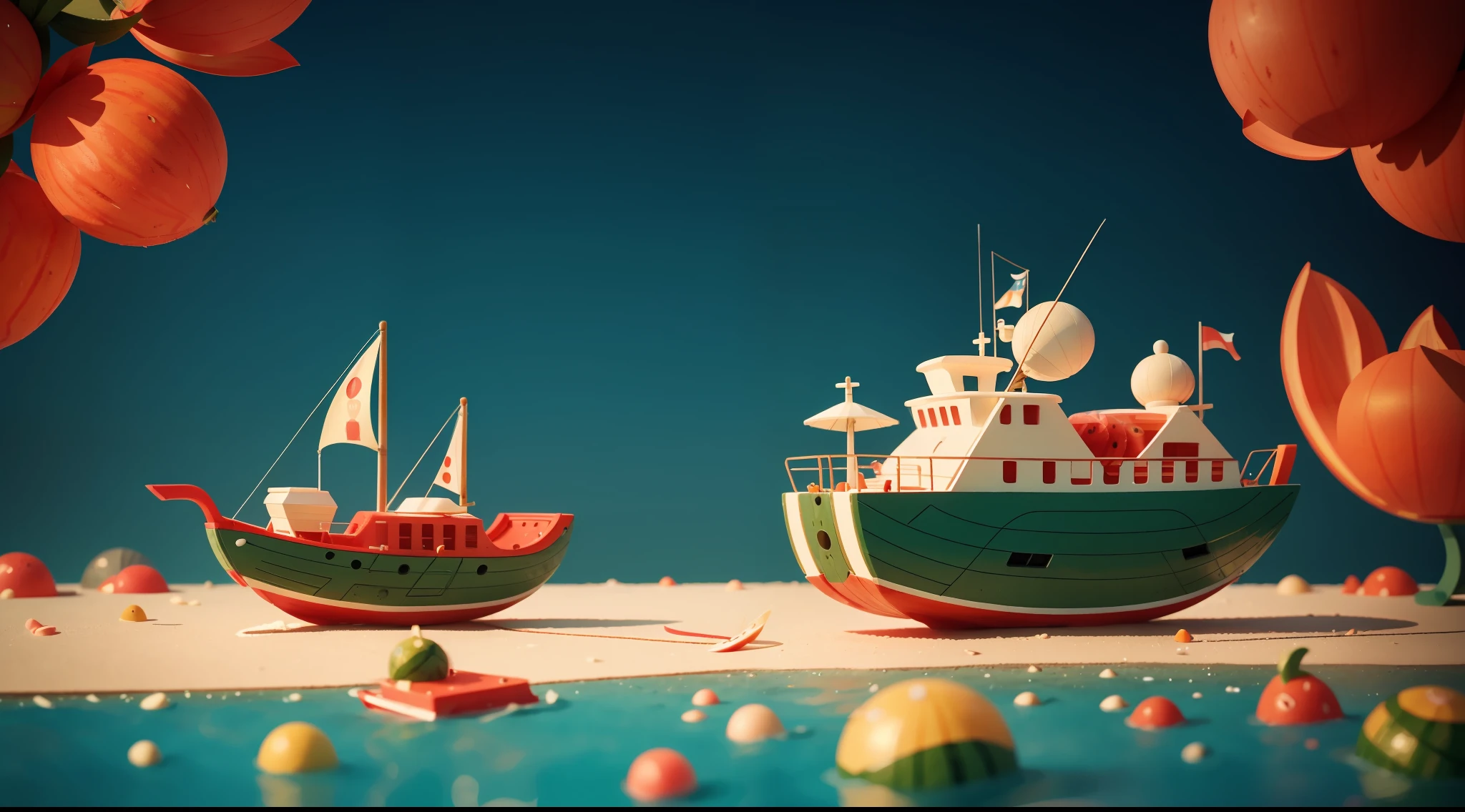 a watermelon boat sailing on the sea, miniature architectural film model, Bauhaus style, permeability, depth of field effect, retro futurism