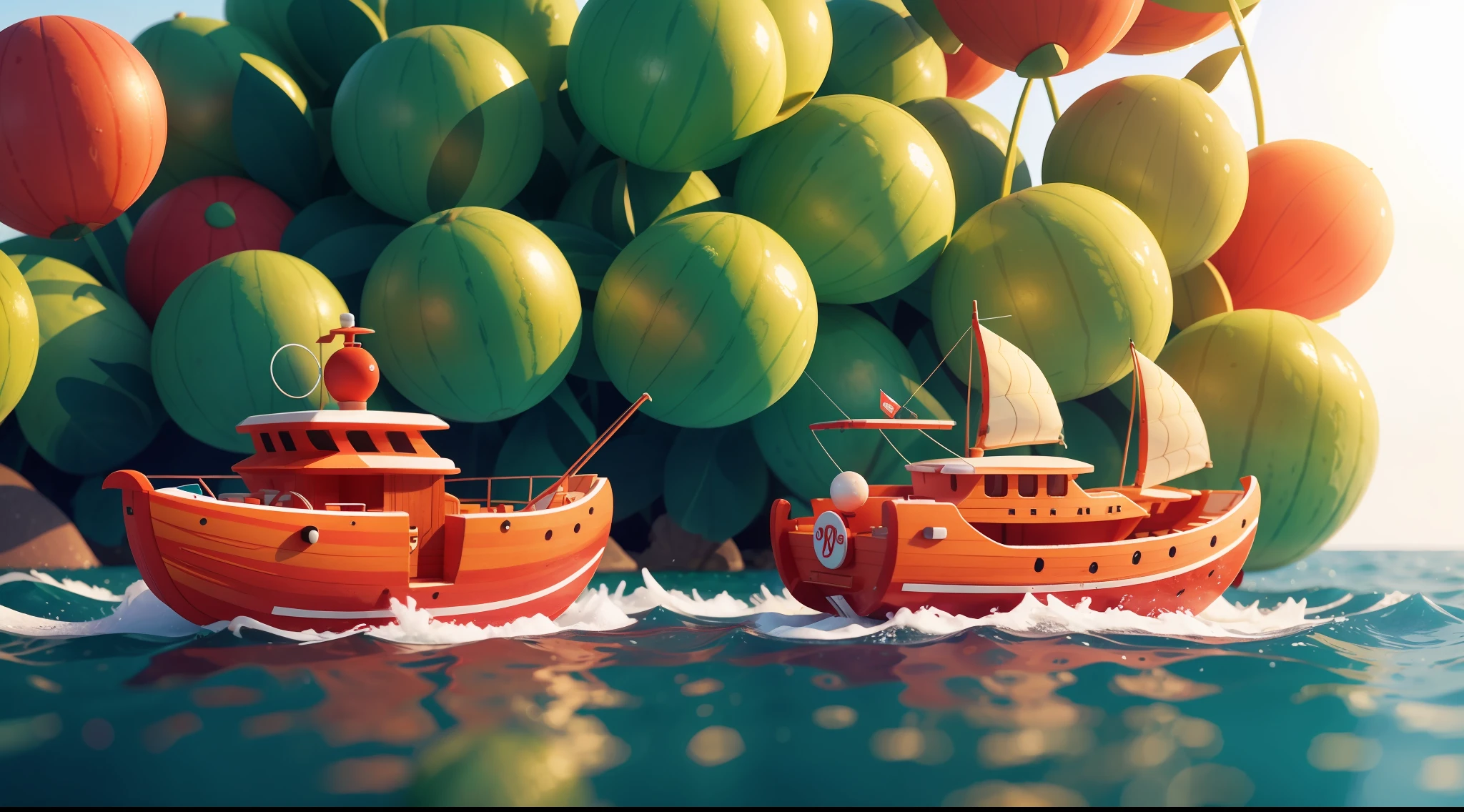 a watermelon boat sailing on the sea, miniature architectural film model, Bauhaus style, permeability, depth of field effect, retro futurism