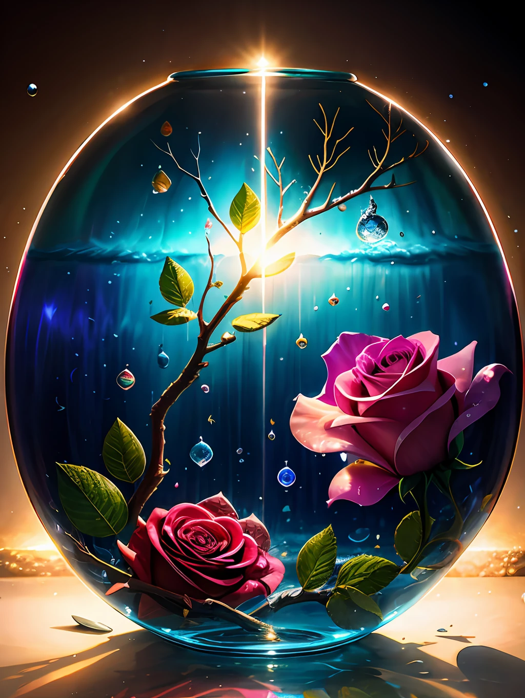 Delicate branches of roses, Ultra-transparent, Holy Light, beautiful spectral light, Glowing petals, glinting, Wrapped in a mist of light, Transparent droplets, Reflected Light, Bright, light flowing in, optics, Vertical contour, Sharp Focus, Magical, Convoluted, Surreal, Fantasy, Composition, light, trends in the art station, pearls, water dripping, Guardian cloud of silver vapor, Ray enveloping family of corrosion, 8K, ureal ar 23v4 uplight