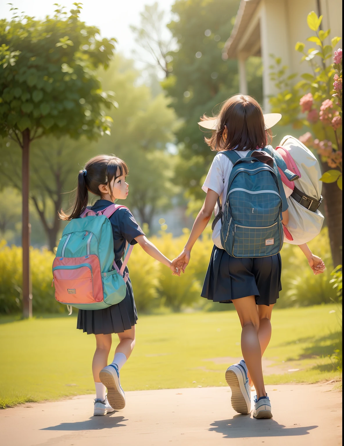 Two girls carrying school bags --auto