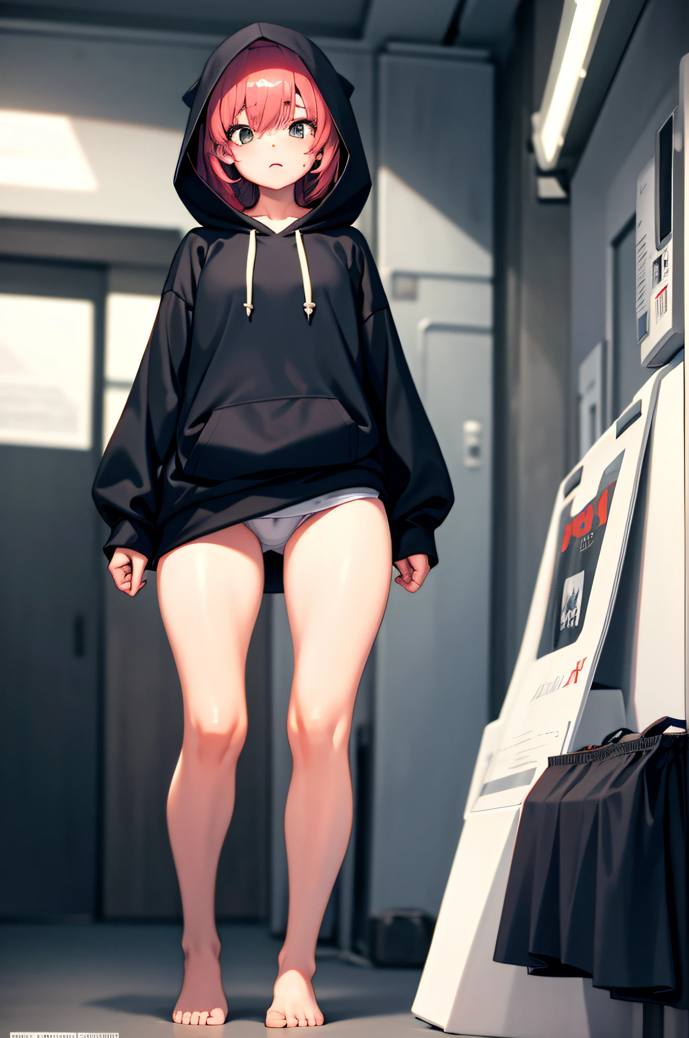 1girl, clothes tug, oversized clothes, hoodie, naked hoodie, sweater tug, wind, implied pantyshot,, masterpiece, best quality, highly detailed