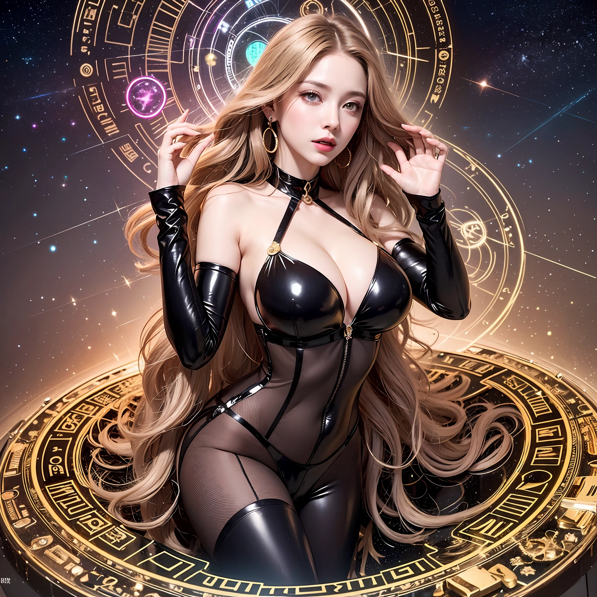 An ultra-high picture quality, Super Detail, High resolution, super beautiful woman, Amorous expression, Shiny flowing layered wavy light brown hair, Sparkling gold eyes, Seductive moist pink lips, Huge breasts, under the boobs, great proportion, perfectly proportions, slender, Full body, Fantasy, Northern Renaissance style in the background, Galaxy, Magic Circle, Kaleidoscope, Rainbow Neon Light Many Rows, cyberpunked