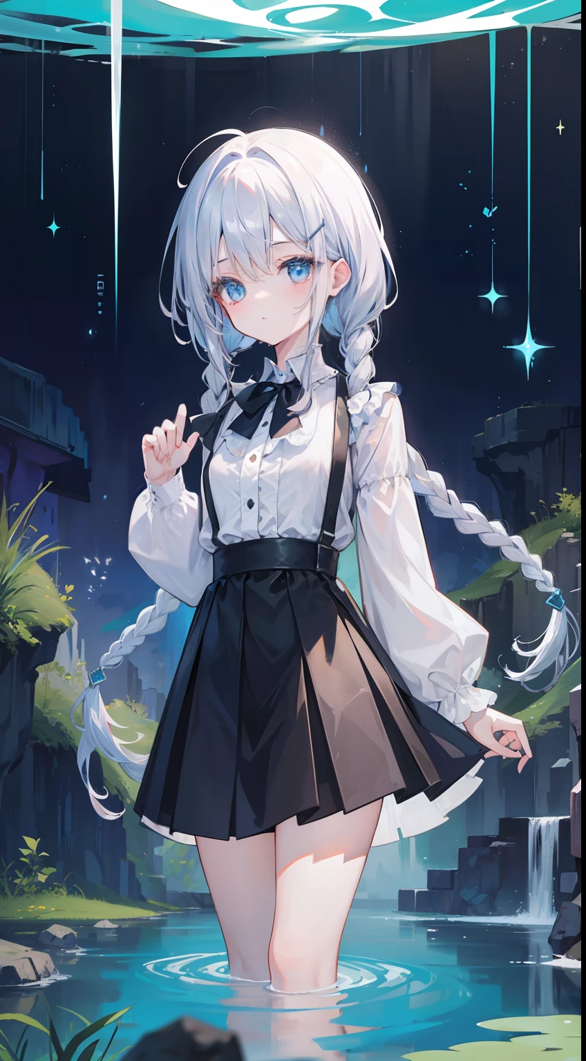 One girl、caves、Luminous pond、ren、Suspender skirt、blouse、silber hair、masterpiece、top-quality、Top image quality、cute little、long braids、murky、Pedras preciosas、Put your hands behind your back