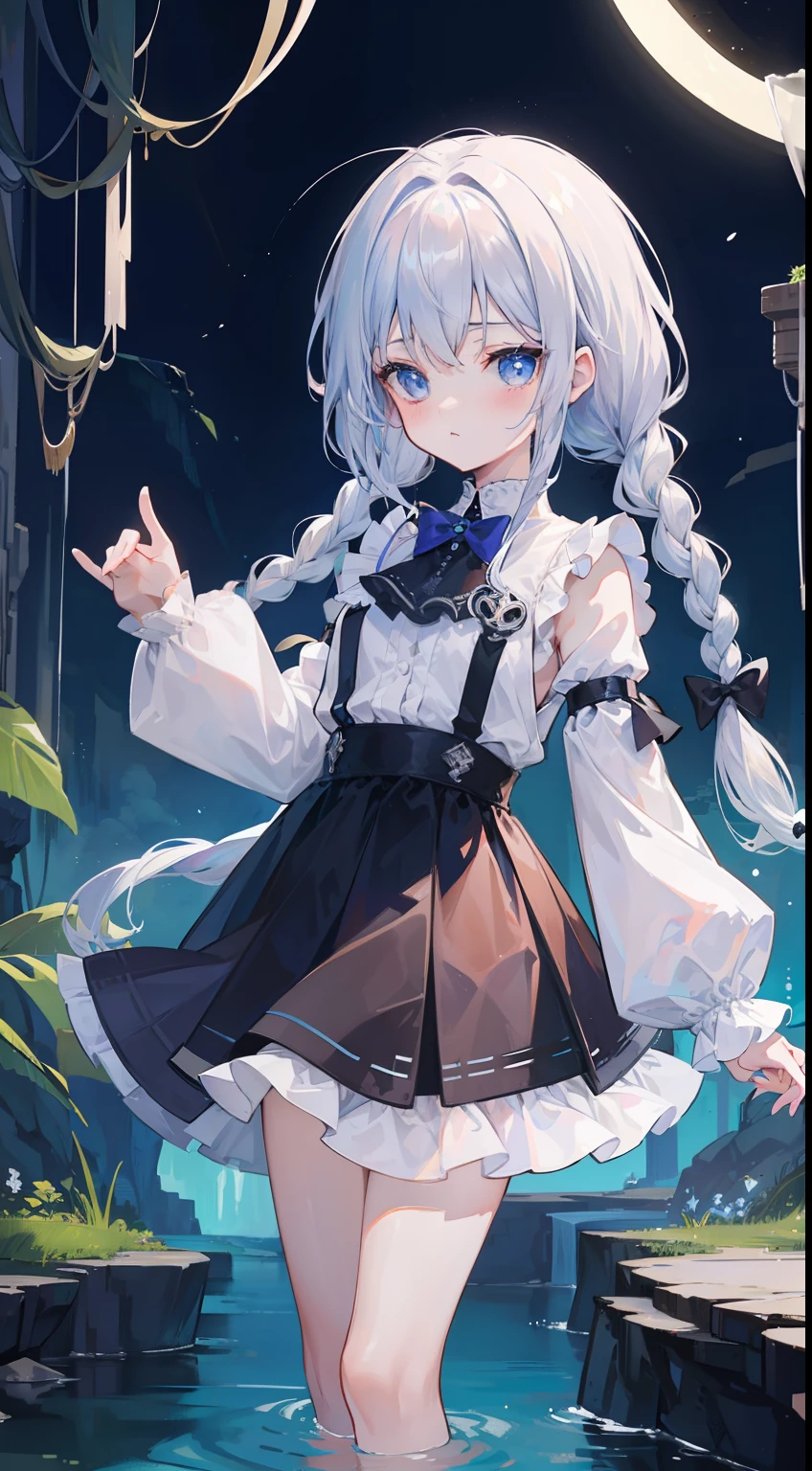 One girl、caves、Luminous pond、ren、Suspender skirt、blouse、silber hair、​masterpiece、top-quality、Top image quality、cute little、long braids、murky、Pedras preciosas、Put your hands behind your back