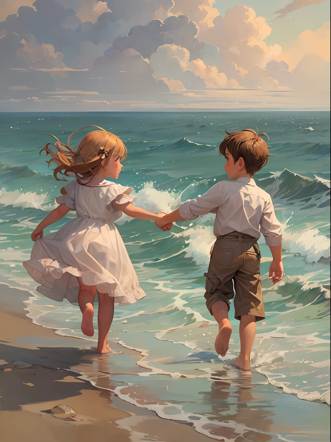 A little boy and a little girl run hand in hand by the sea