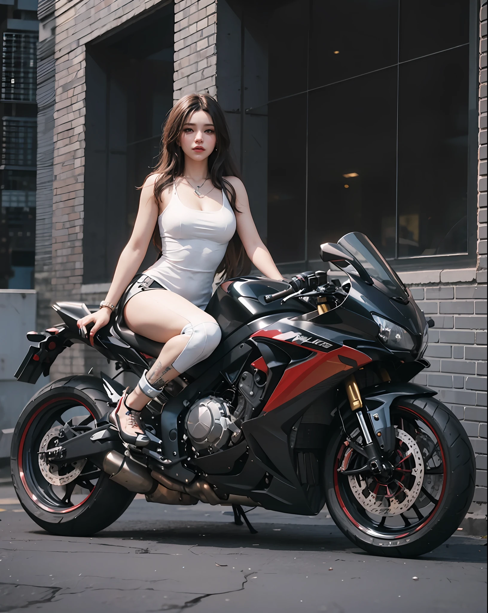 Woman sitting on a motorcycle in front of the building, sitting on cyberpunk motorbike, Cyberpunk 2 0 y. o model girl,With a beautiful face 8 km, motorcycle, Photorealistic art style, 3D rendering character art 8 km, Female cyberpunk girl, sitting on the motorcycle, cyberpunk art ultrarealistic 8k, akihiko yoshida. illusory engine