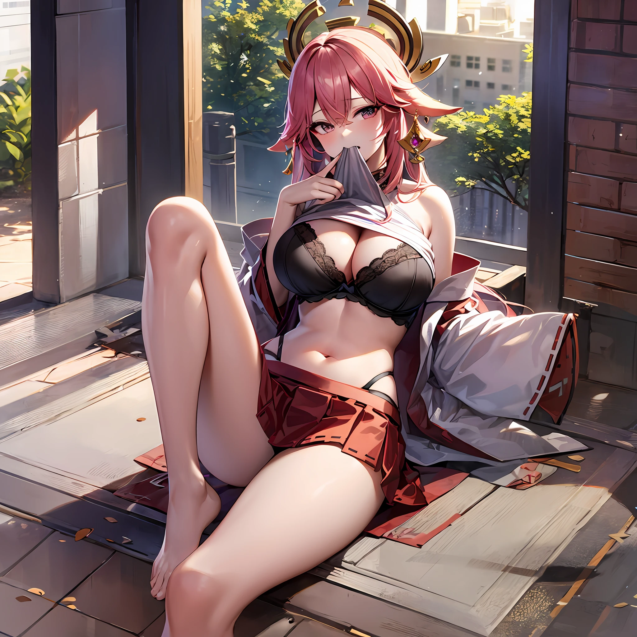 1Yae miko, large breasts,clothes in mouth, cleavage, navel, t-shirt, ((bra)),clothes lift, shirt in mouth, skirt, lying, full Body,sexy body,sitting