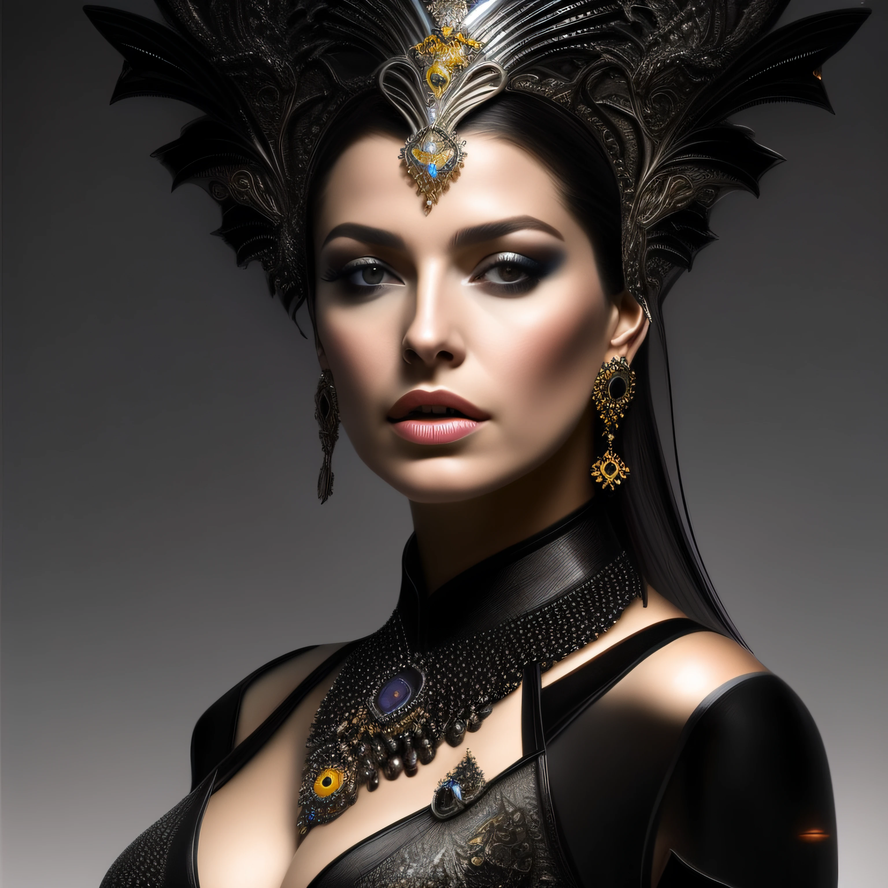 Un primer plano de una mujer con un tocado muy elaborado, Retrato de una reina cyborg, hyperdetailed fantasy character, Detailed Matte Fantasy Portrait, intrincado wlop, detailed fantasy digital art, Cyberpunk Medusa, fantasy art behance, Hermosa gorgona hembra, giger portrait of queen dragon, Retrato Hermosa Sci - FI Girl, symmetrical epic fantasy art, symmetrical portrait scifi
