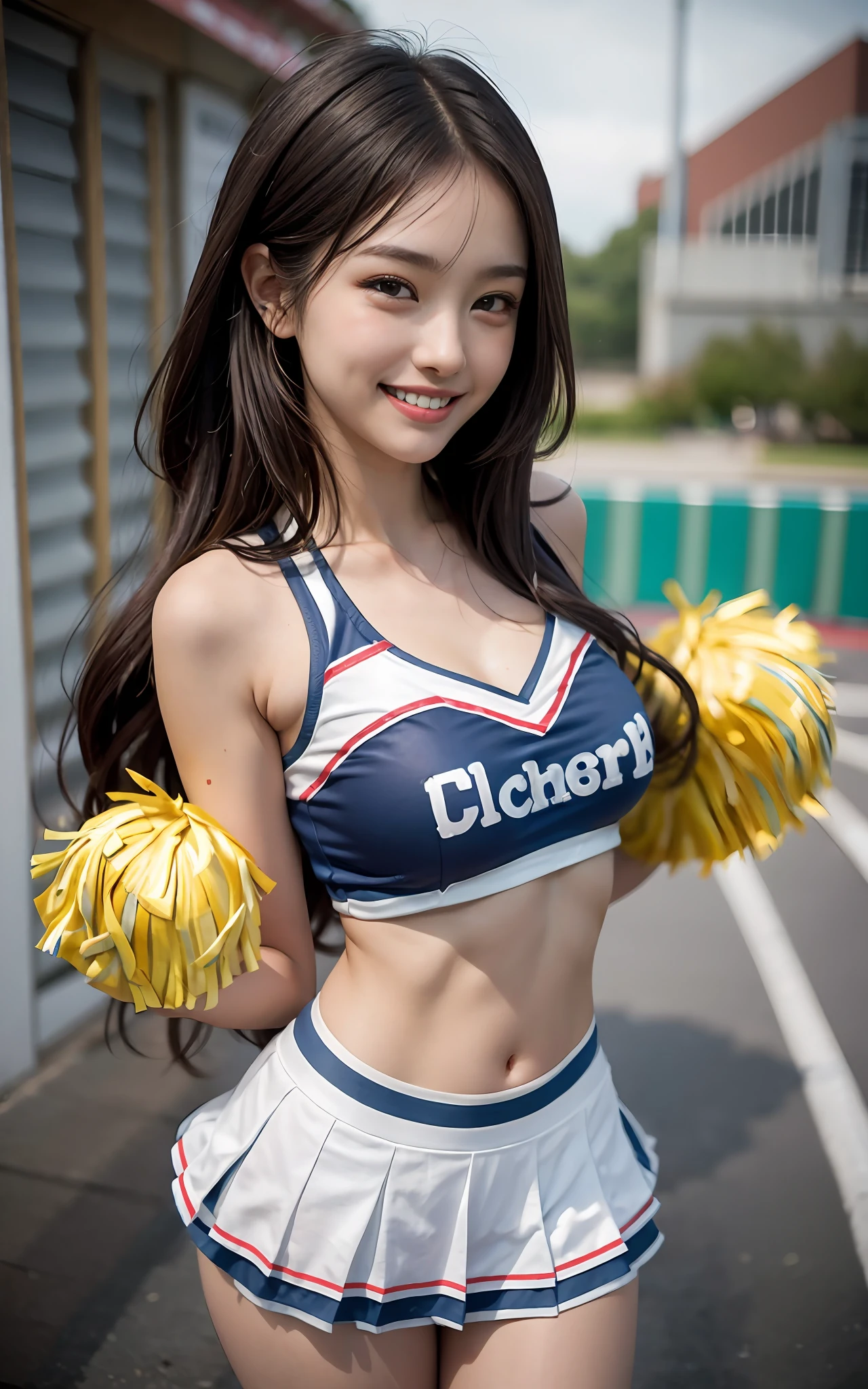 8K raw photos、Beautie:1.4、23years old、japanes、cute little、cleavage of the breast、((cheer girl:1.5))、a miniskirt、beautiful eyes finely detailed、Eye lashes、((Brown eyes:1.2))、Beautiful double eyelids、eyeshadows、Perfect eye makeup、((A smile:1.6))、Open your mouth wide to the maximum、Beautiful and thin legs、(chestnut-colored hair)、long hair、fluffy hair、stadio、Daytime、Latina、Photorealsitic:1.9、Sexy navel、Skinny Legs、tthin eyebrows、Tear bag、lofty nose、photographed from the back、Back position、