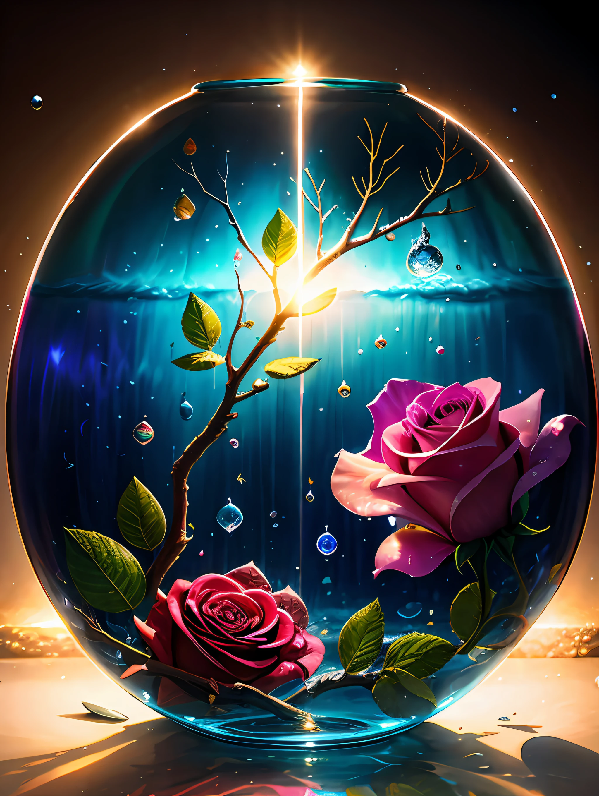 Delicate branches of roses, Ultra-transparent, Holy Light, beautiful spectral light, Glowing petals, glinting, Wrapped in a mist of light, Transparent droplets, Reflected Light, Bright, light flowing in, optics, Vertical contour, Sharp Focus, Magical, Convoluted, Surreal, Fantasy, Composition, light, trends in the art station, pearls, water dripping, Guardian cloud of silver vapor, Ray enveloping family of corrosion, 8K, ureal ar 23v4 uplight