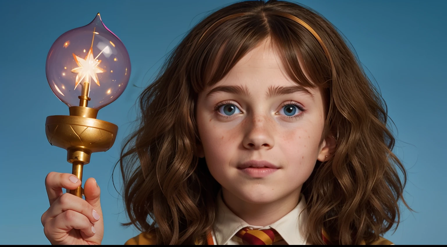 1girl, solo focus, child, light freckles, (9 year old), a young gir, Wave your magic wand，hermione granger,