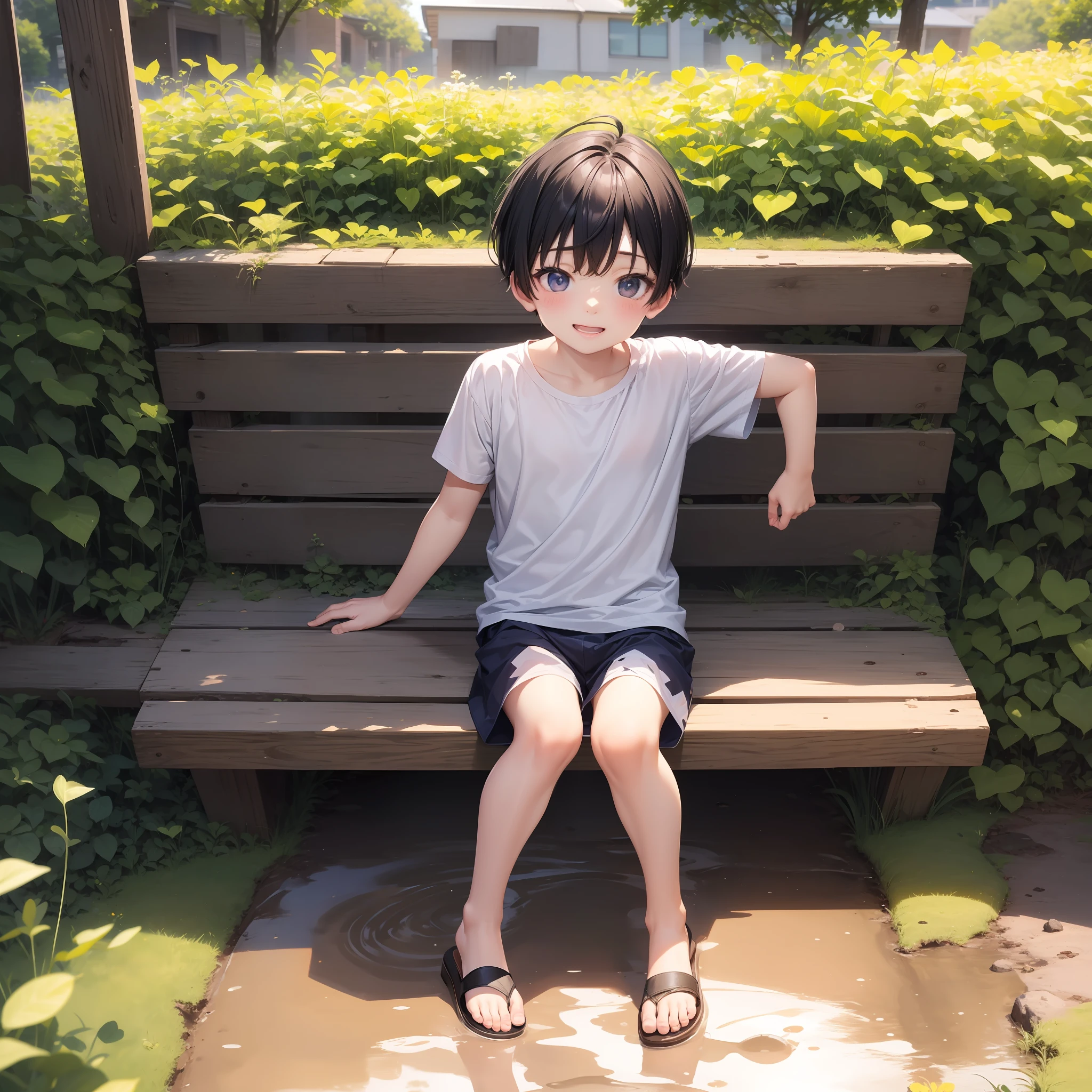 A 6-year-old boy rolls in the mud，Shota，slightly fat big breasts，White top，Messy bangs，Shota，sandals，sludgy，Dirty，footprints。and the sun was shining brightly，quadratic element，A high resolution，Best Masterpiece，ssmile，Be red in the face